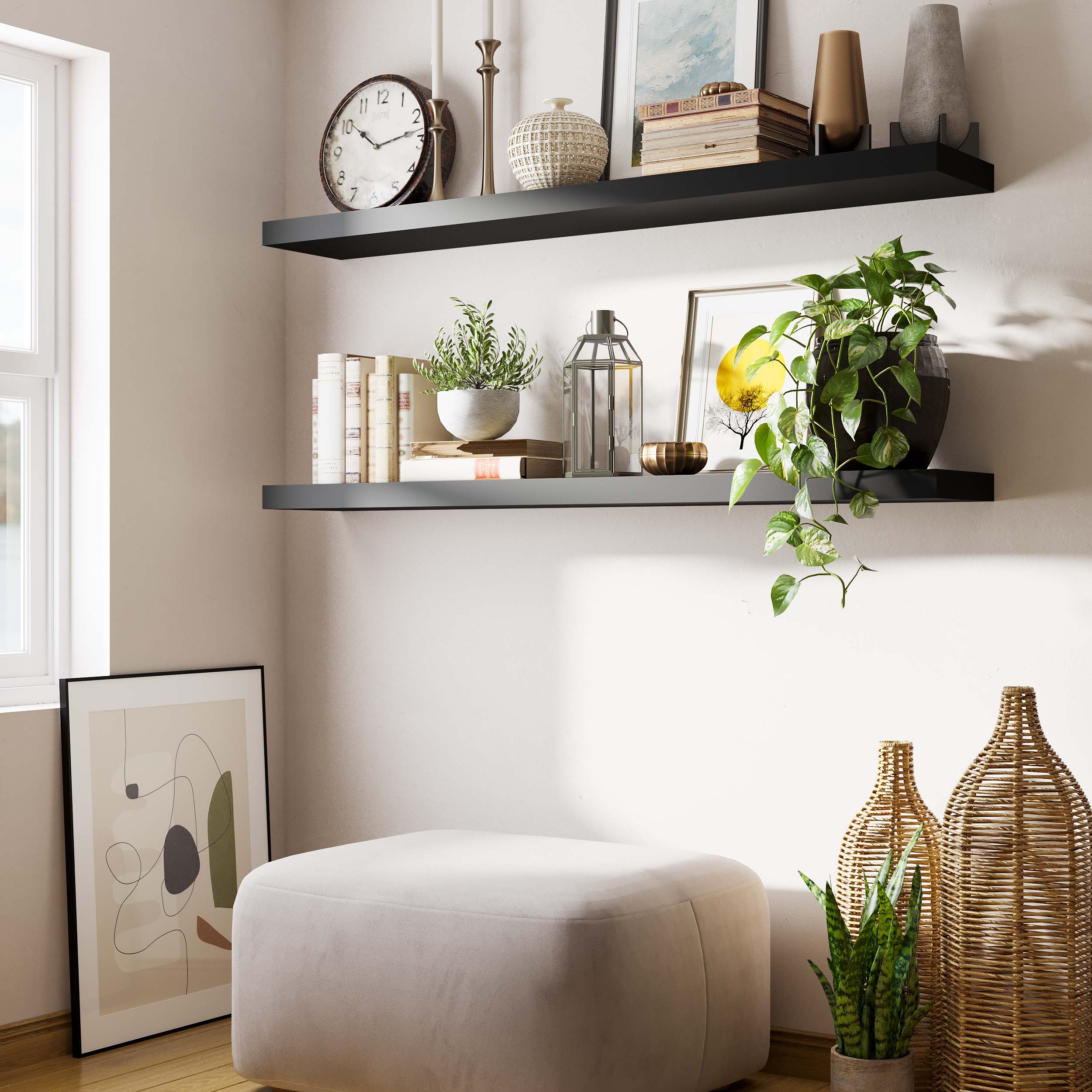 Cozy living space with black shelves displaying various decor items like plants, books, and clocks, enhancing the room's ambiance.