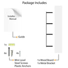 Installation manual with 6 steel screws, 4 plastic anchors, a mini level, and guide beside a white book shelf and metal bracket.