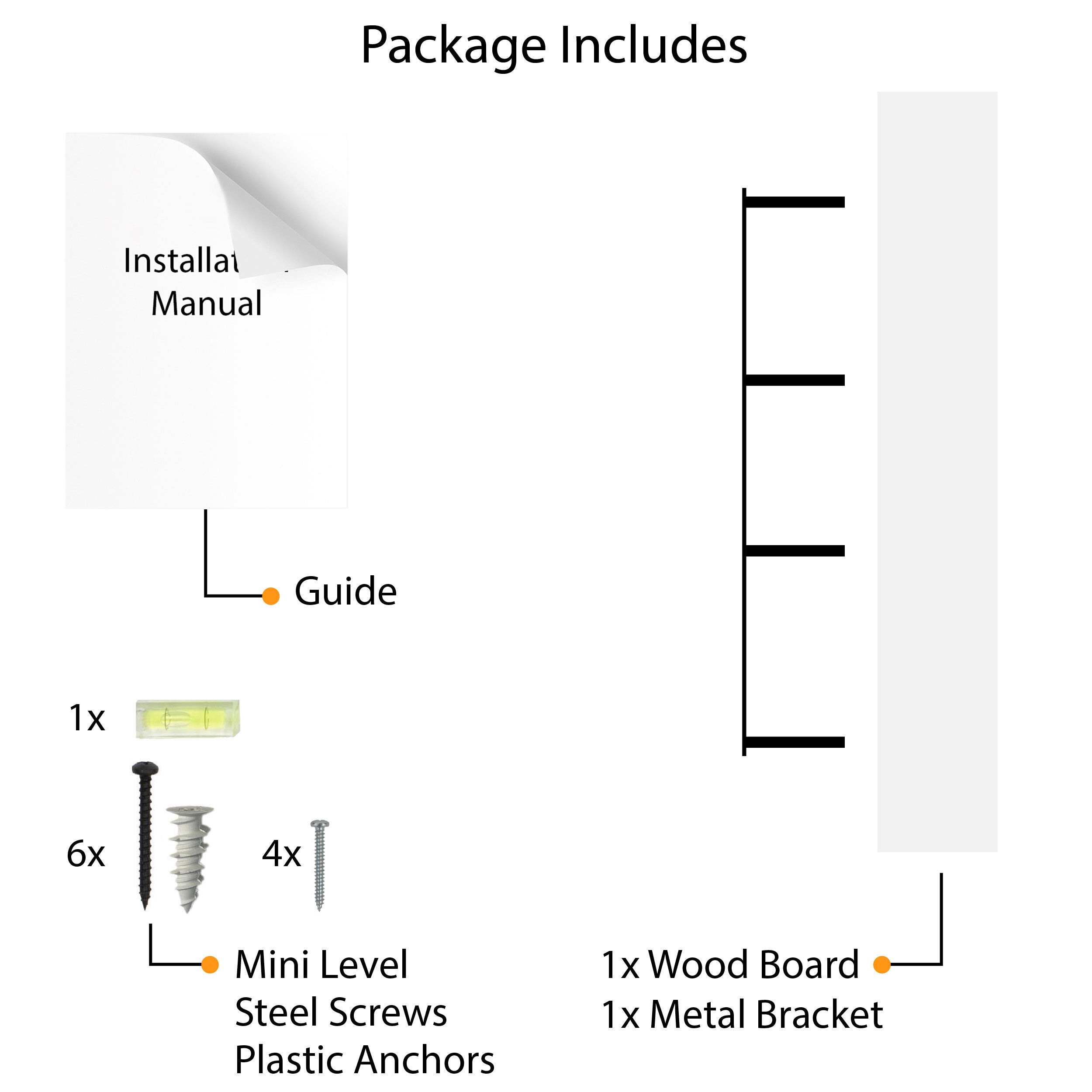 Installation manual with 6 steel screws, 4 plastic anchors, a mini level, and guide beside a white book shelf and metal bracket.