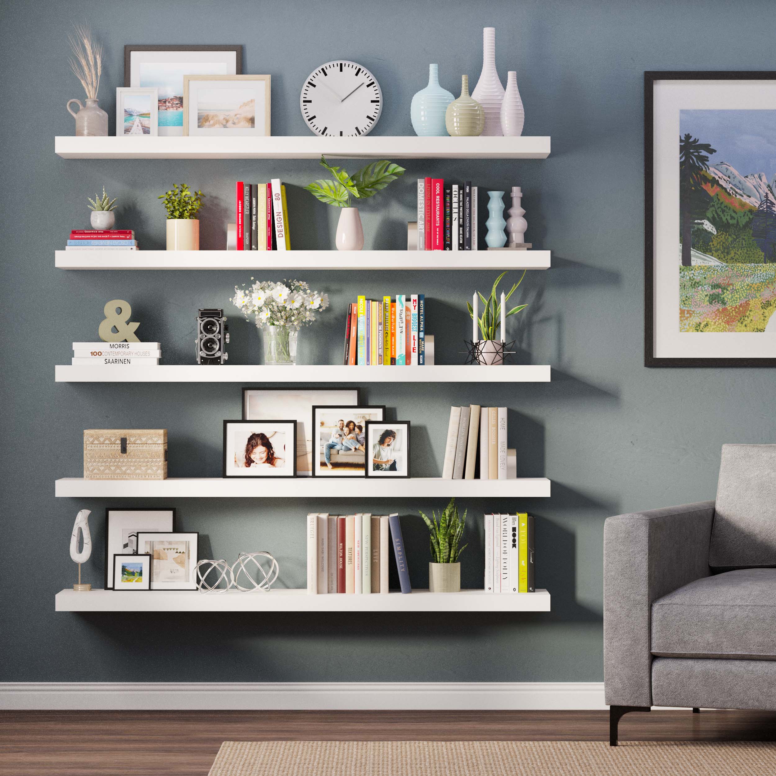 A full wall of white floating shelves, beautifully styled with decor, books, and plants. The arrangement turns the shelves into a statement piece while maximizing both storage and style in the living room.