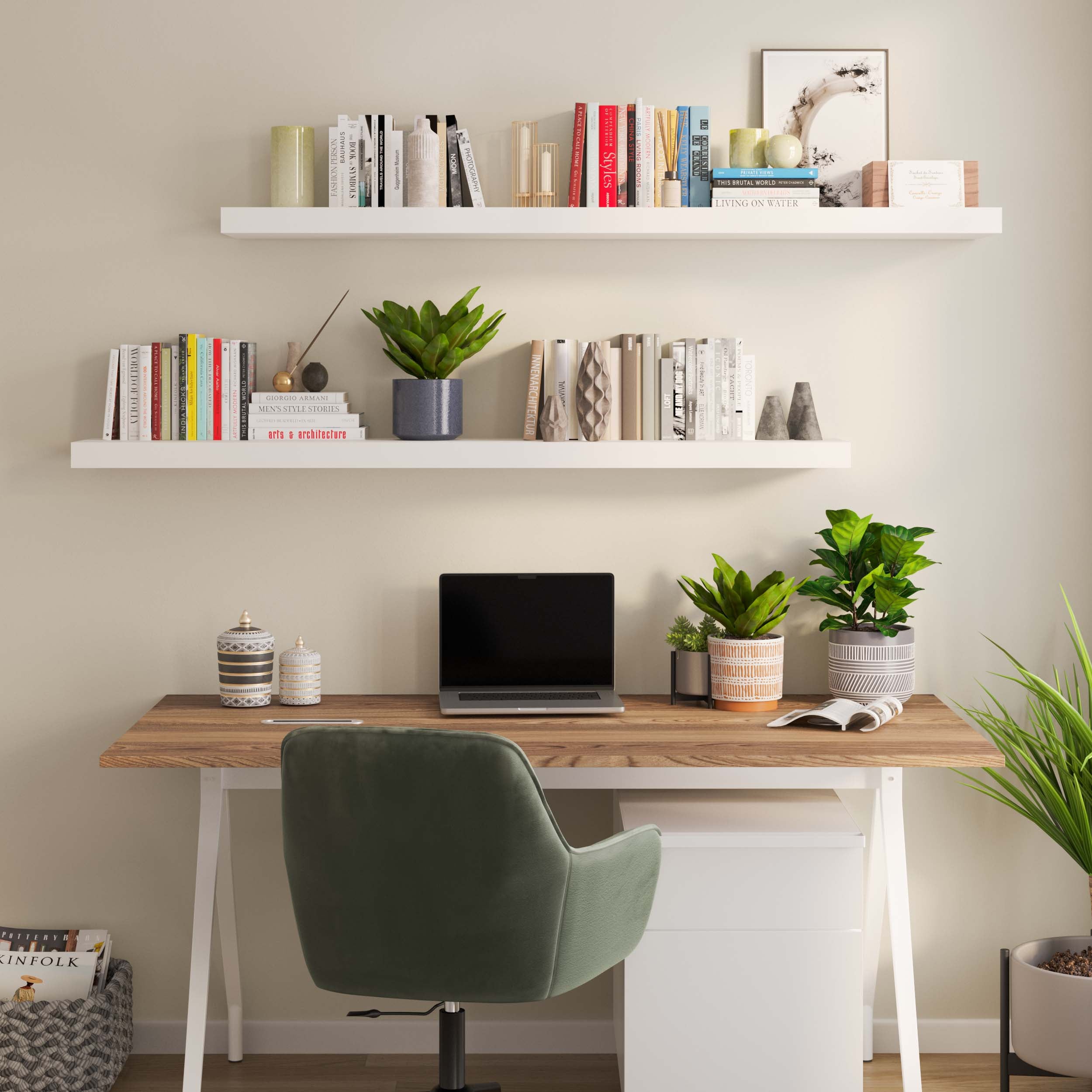 A home office setup with two sleek white floating shelves above a wooden desk. The shelves hold books, plants, and decor, giving the space a clean, minimalist look that enhances productivity and style.