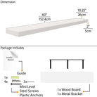 A detailed dimensions chart for a 60" white floating shelf. The package includes screws, a mini level, anchors, a metal bracket, and an installation guide, offering everything needed for a secure and easy installation.