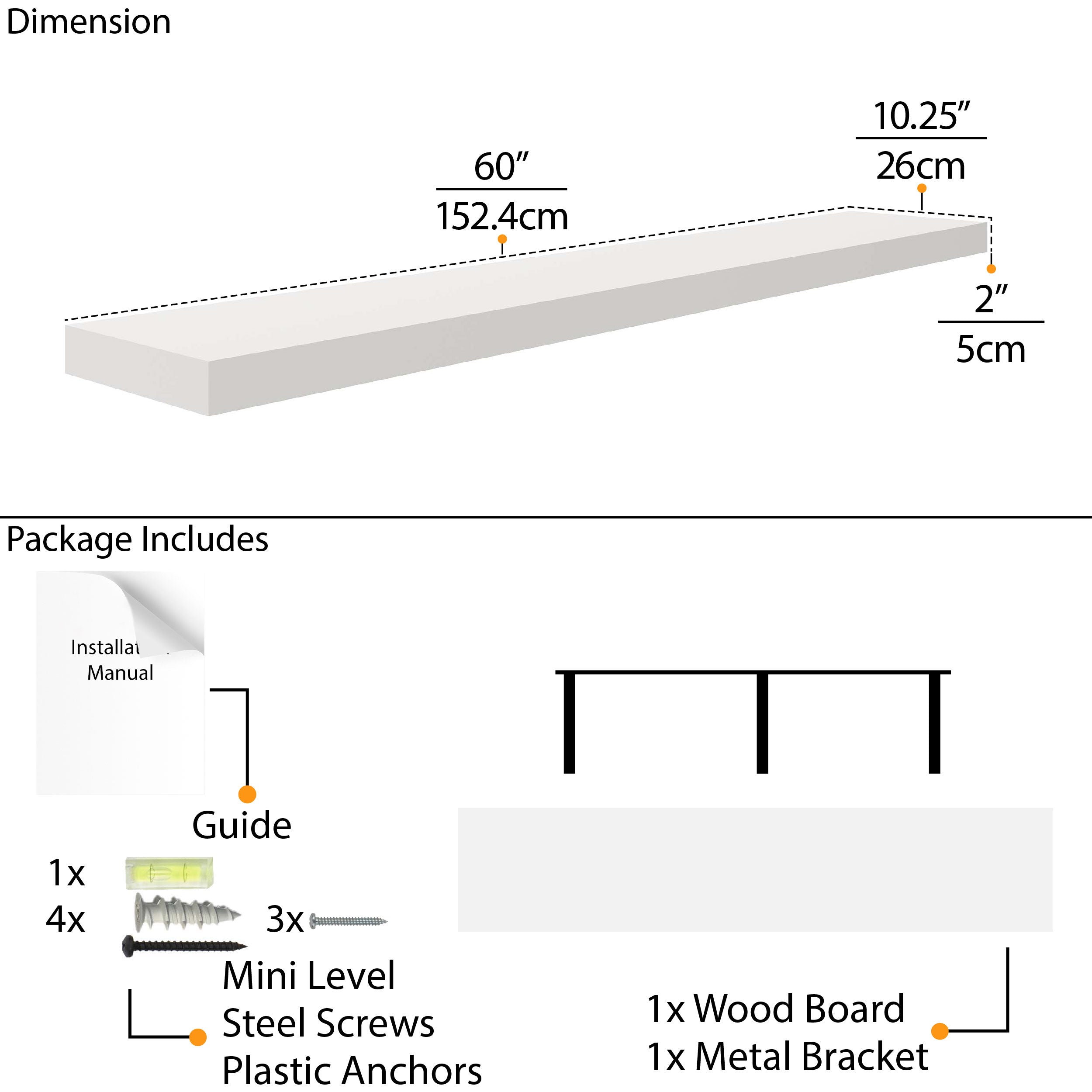 A detailed dimensions chart for a 60" white floating shelf. The package includes screws, a mini level, anchors, a metal bracket, and an installation guide, offering everything needed for a secure and easy installation.