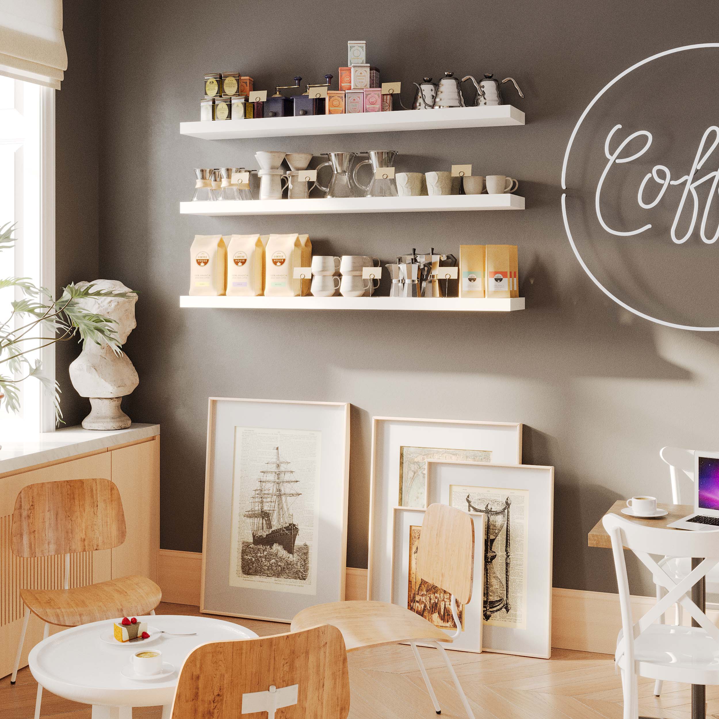 A cozy coffee shop corner featuring white long shelves, elegantly displaying coffee products and décor items. The arrangement adds both function and style to the café ambiance.