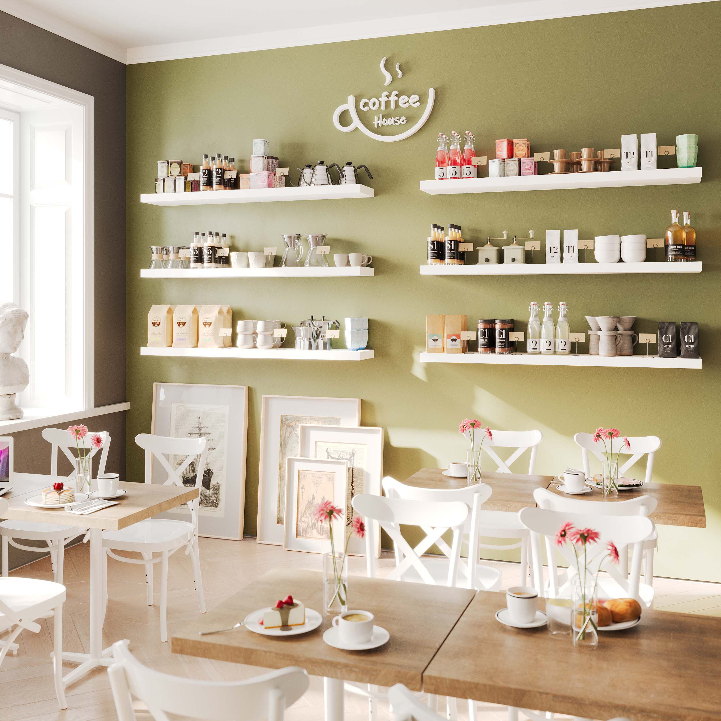 A charming coffee house interior with white floating shelves wall mounted on a green wall, displaying an array of coffee products and décor. The shelves add functionality and elegance, complementing the cozy and inviting café setting.