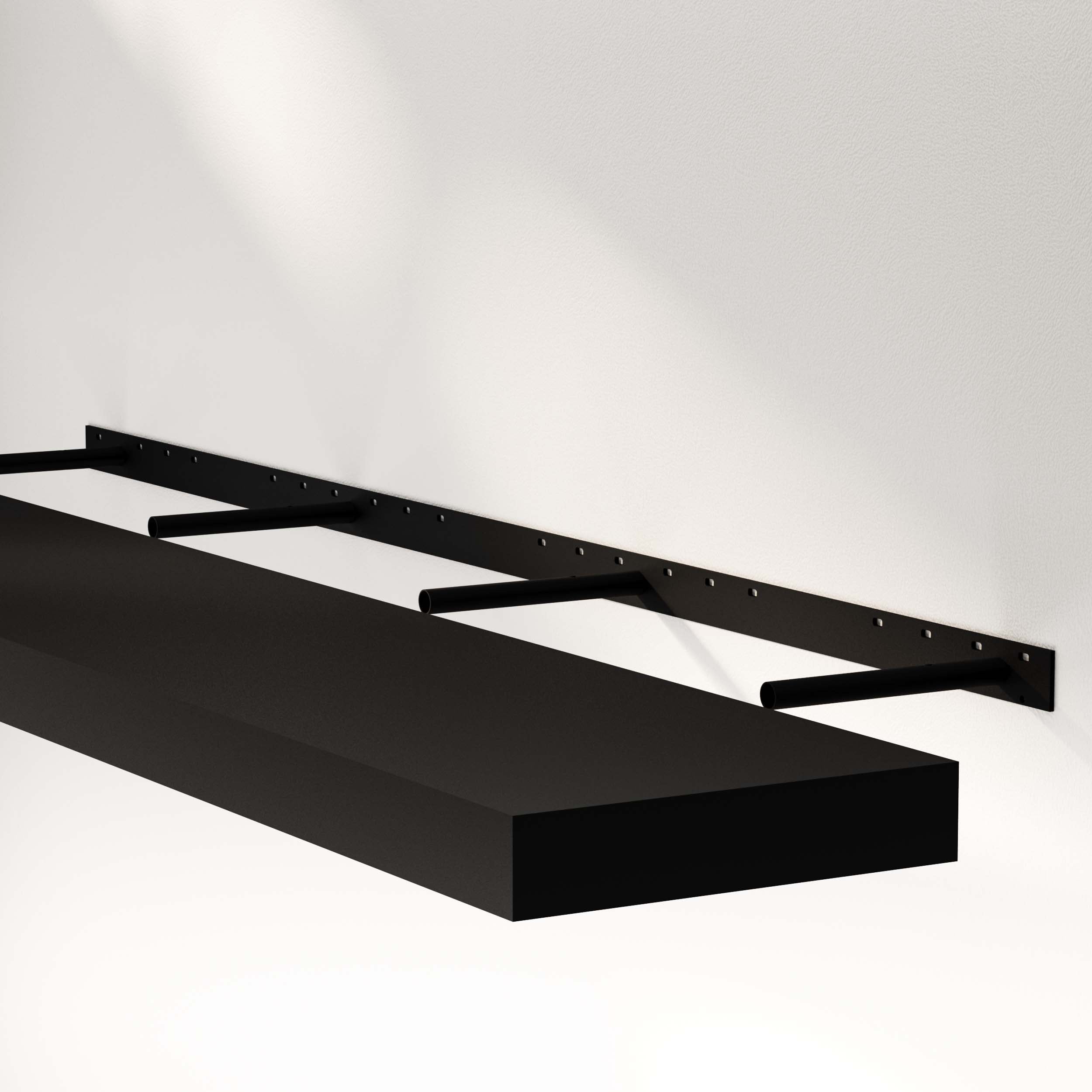 A foating shelf for wall black with an invisible bracket, mounted on the wall, highlighting its sleek design and sturdy brackets.