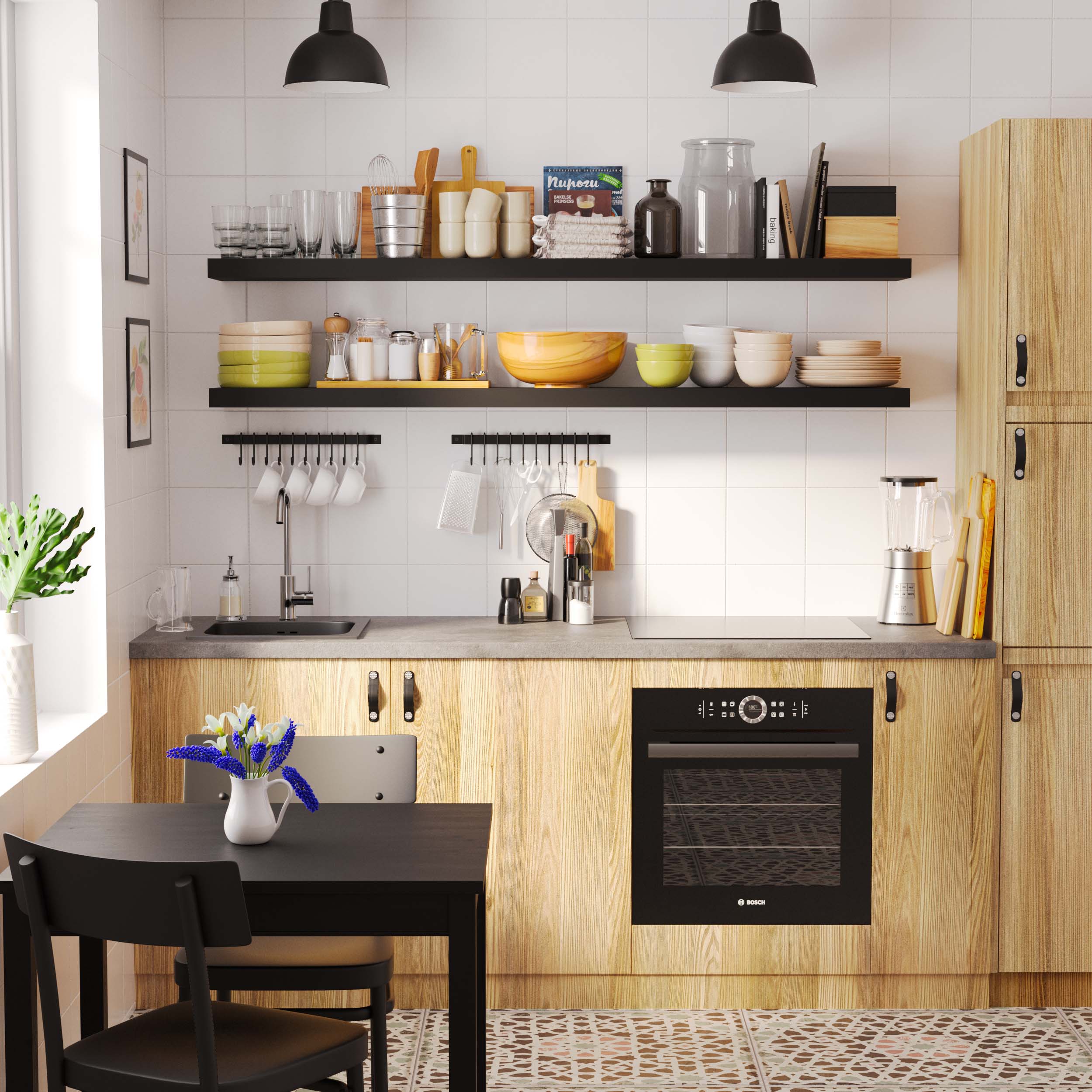 Modern kitchen design featuring black kitchen shelves long, neatly storing dishes, jars, and utensils, adding both style and practicality to the space.