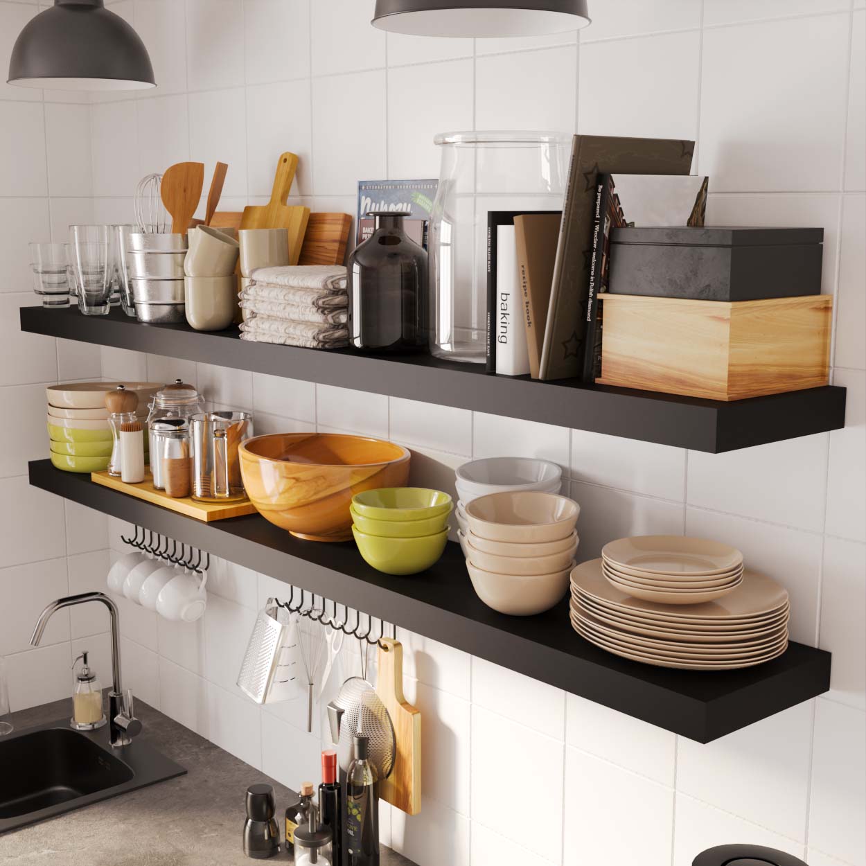 Close-up of kitchen storage shelves showcasing bowls, jars, and books, emphasizing the storage capacity and modern aesthetic of black floating shelves.