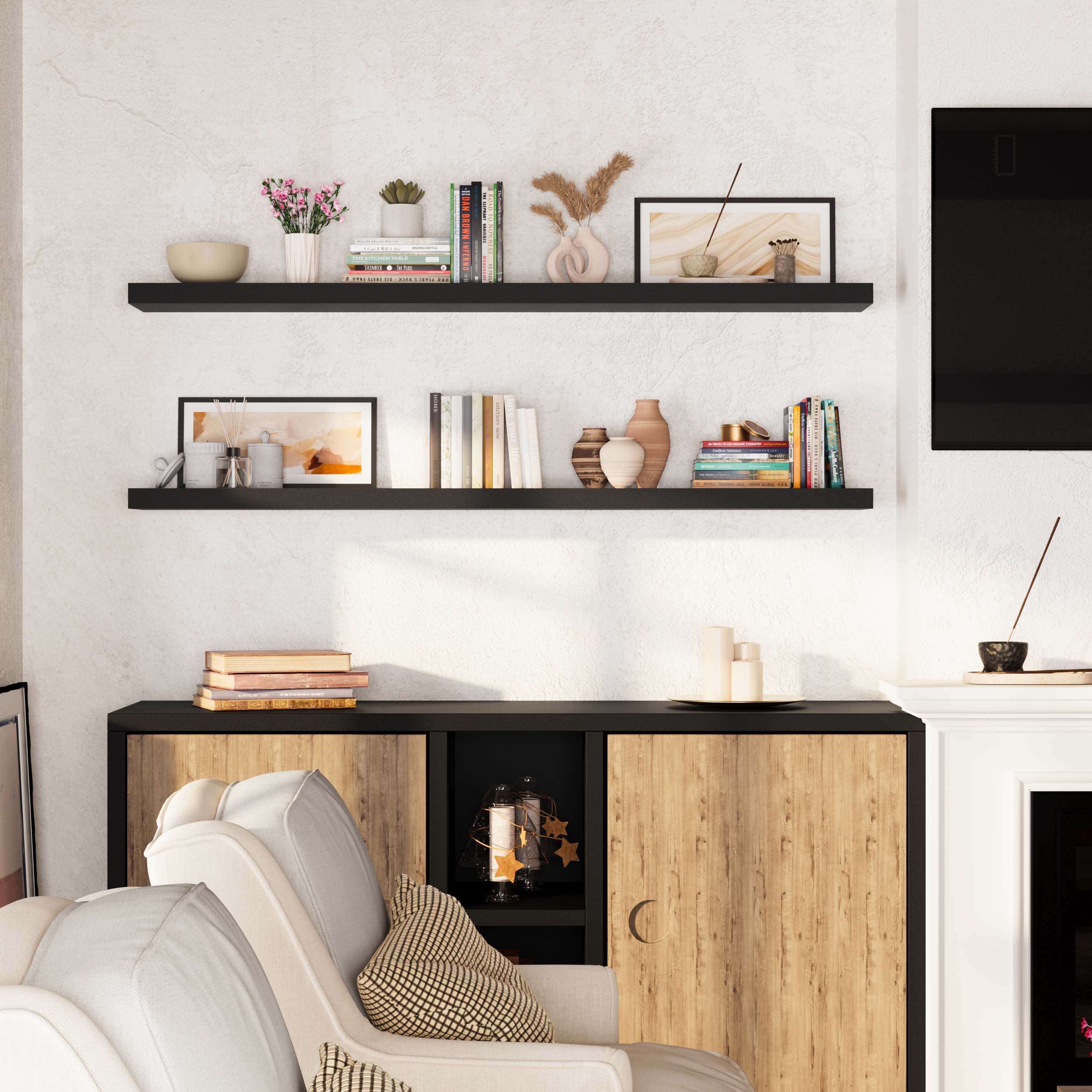 Elegant living room setup with black shelves mounted on a white wall, holding books and décor, blending seamlessly with the rustic and modern interior.