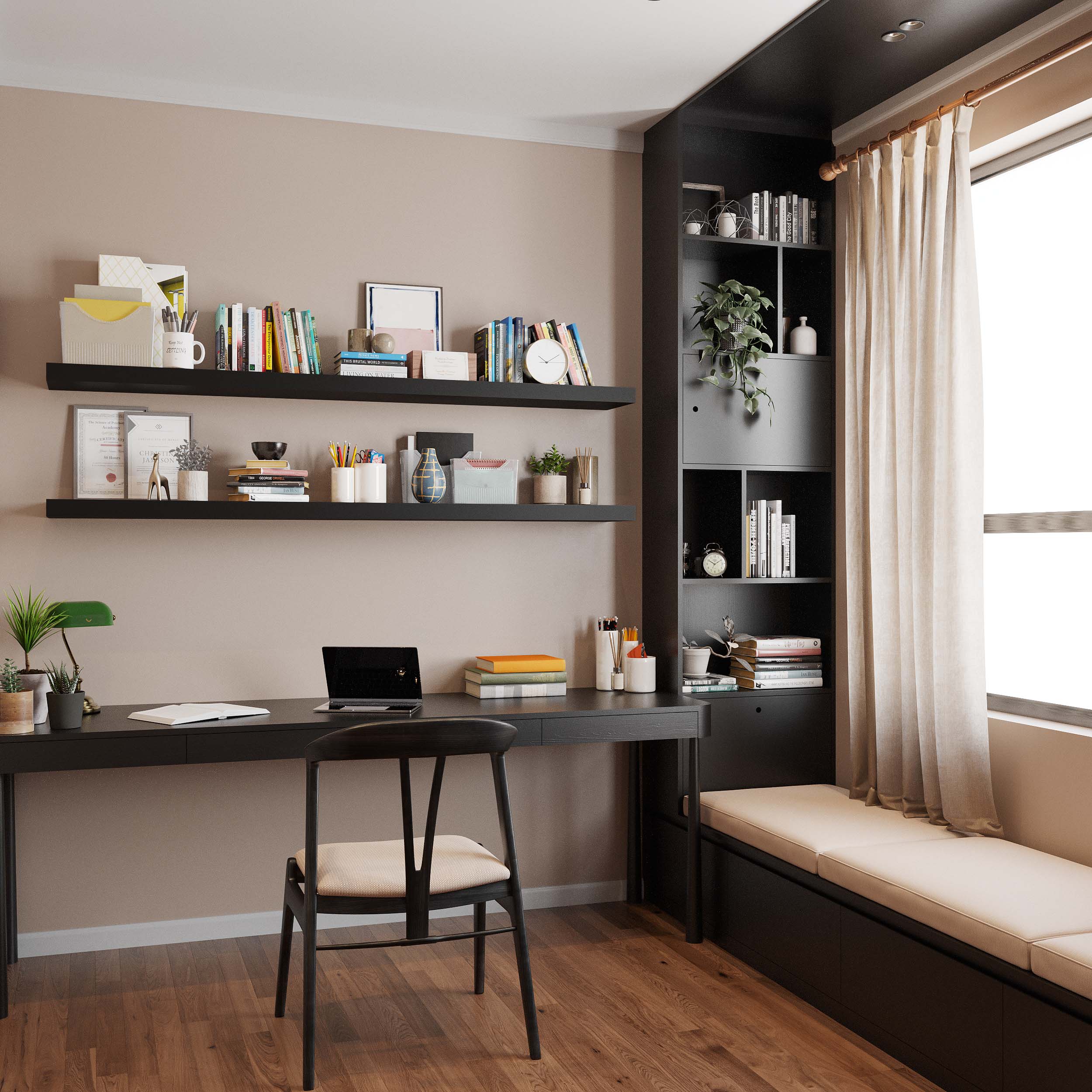 A stylish home office with two black shelves with invisible bracket holding books, files, and decor, enhancing the workspace with a clean, modern aesthetic that is both functional and elegant.