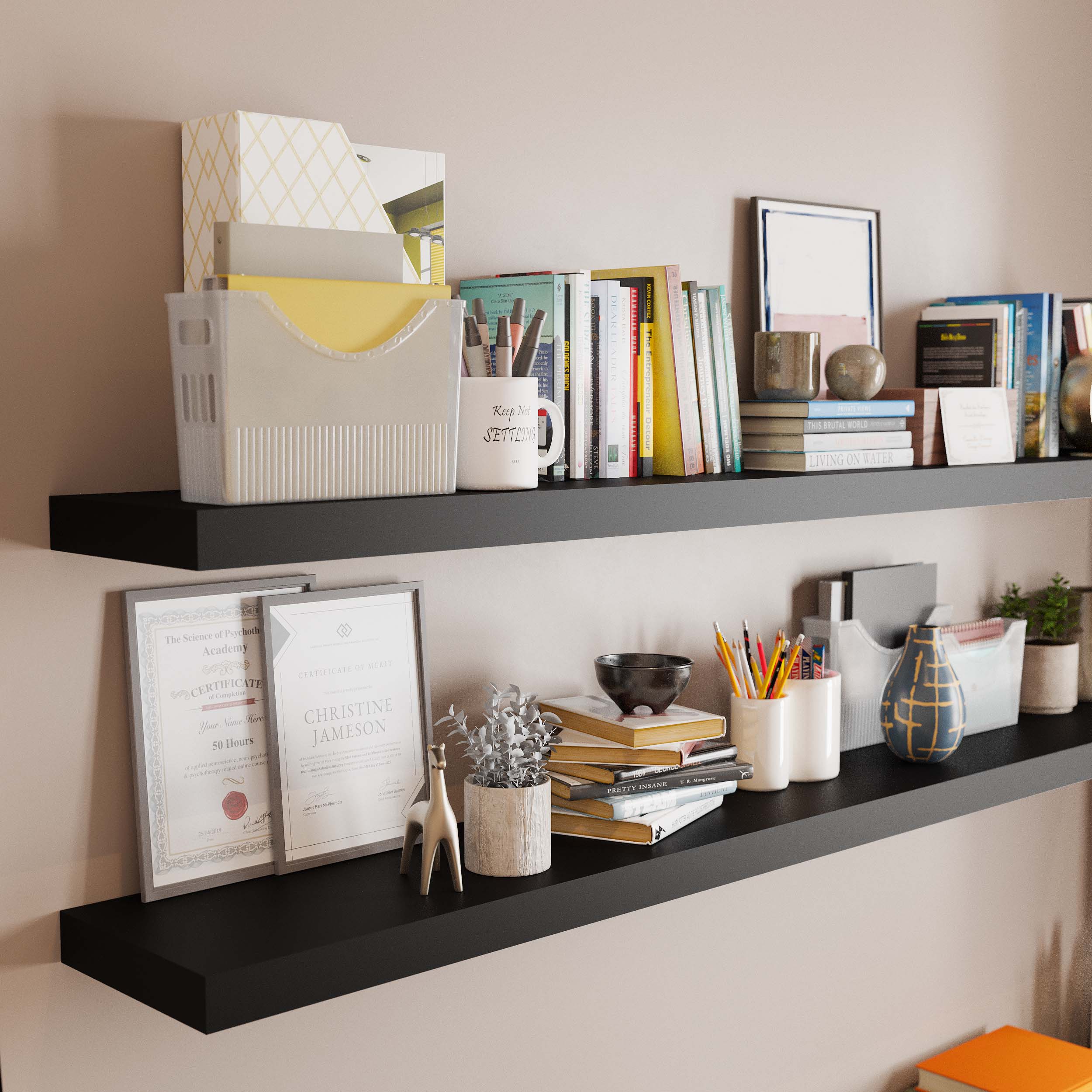 Close-up of two black hanging shelves displaying books, files, and office accessories, showcasing their ample space and sleek design perfect for organizing work essentials.