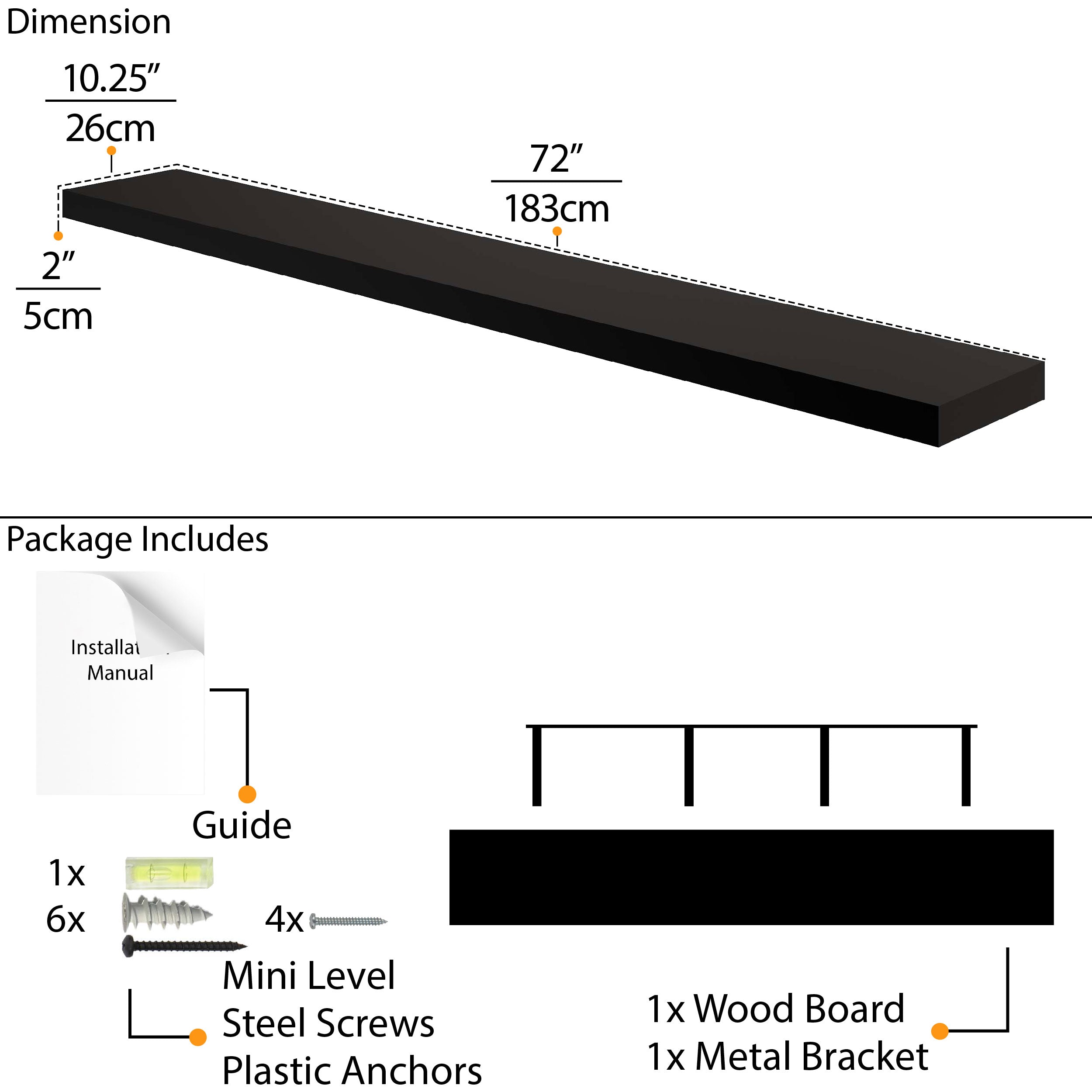 Dimension chart for a 72 inch black woodenshelf, including package details such as screws, anchors, a mini level, and an installation guide, ensuring easy and secure setup.