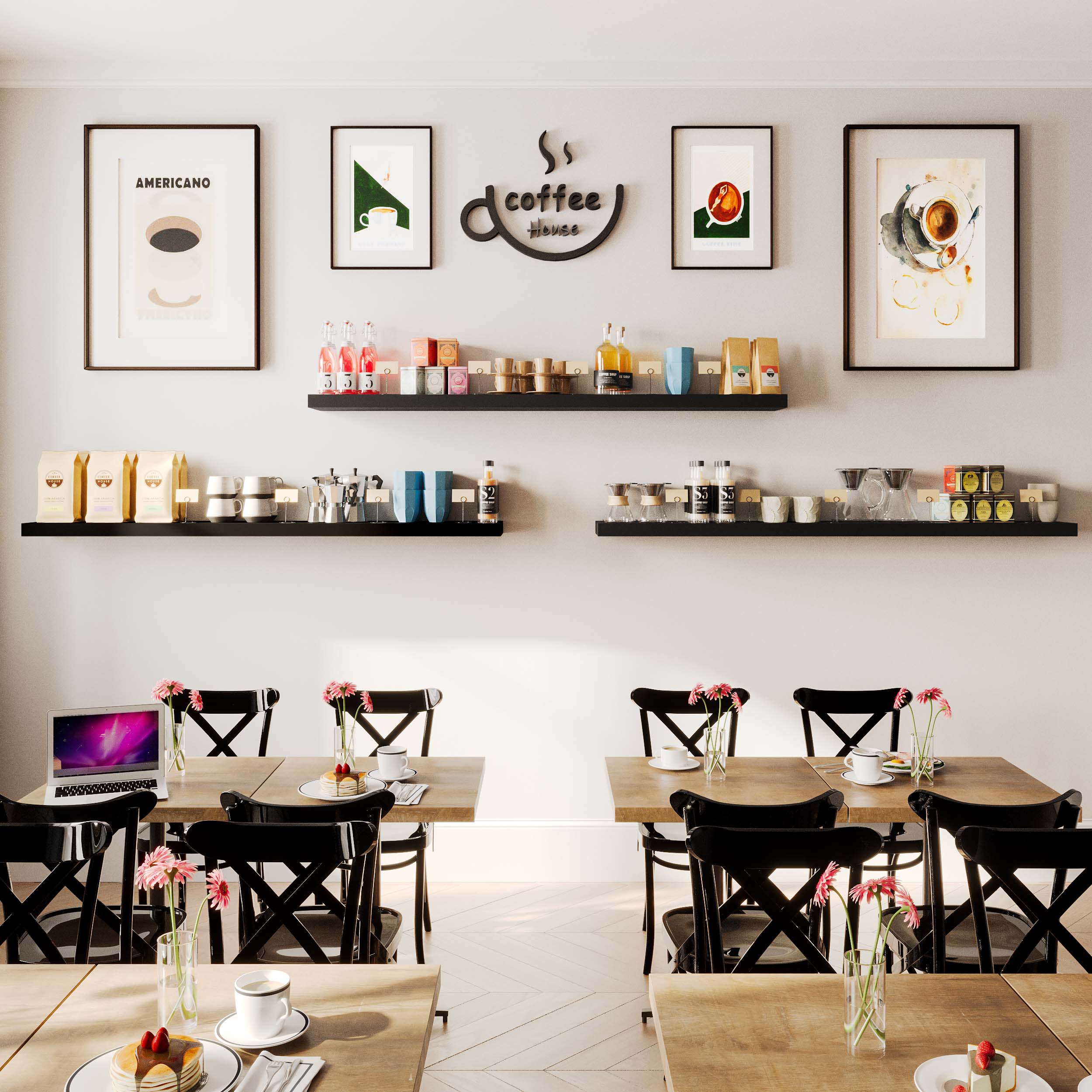 Cozy café interior with black storage shelves displaying various coffee products, creating a clean, organized, and stylish atmosphere.