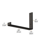 Black industrial shelf bracket with dimensions to guide in proper wall shelving installation for optimal home decor.