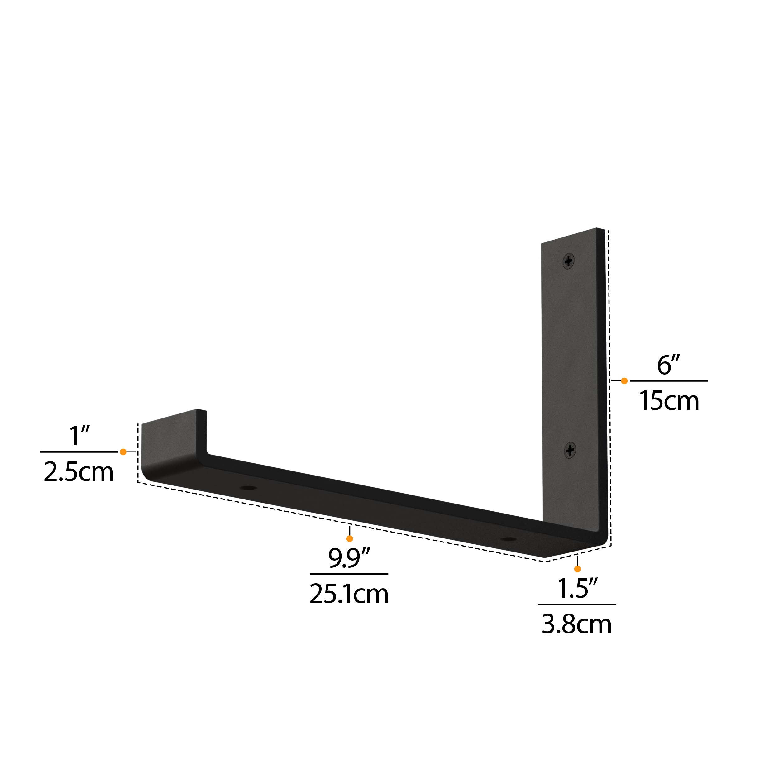 Black industrial shelf bracket with dimensions to guide in proper wall shelving installation for optimal home decor.