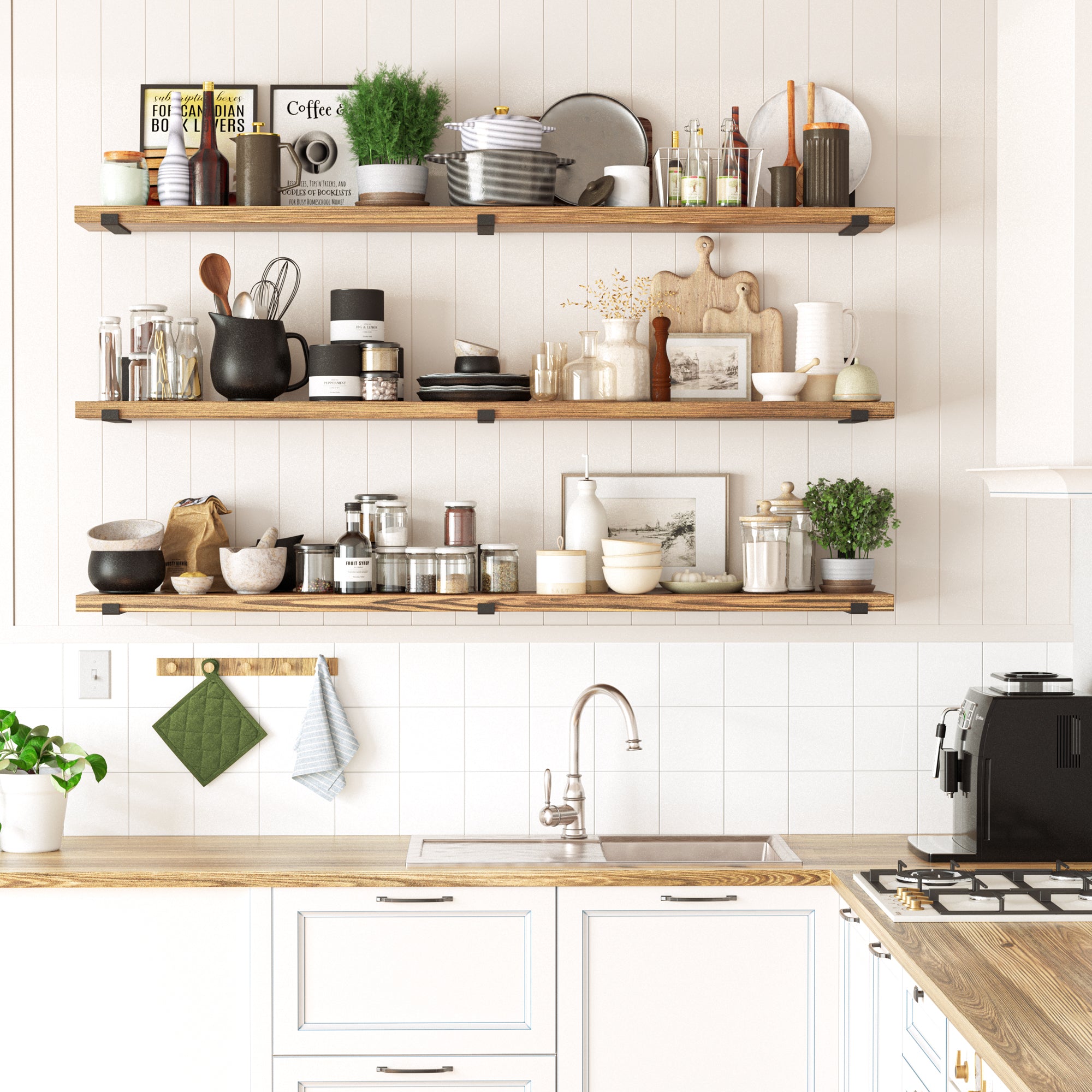 Stylish kitchen wall shelves with metal brackets, optimizing space and adding a modern touch.