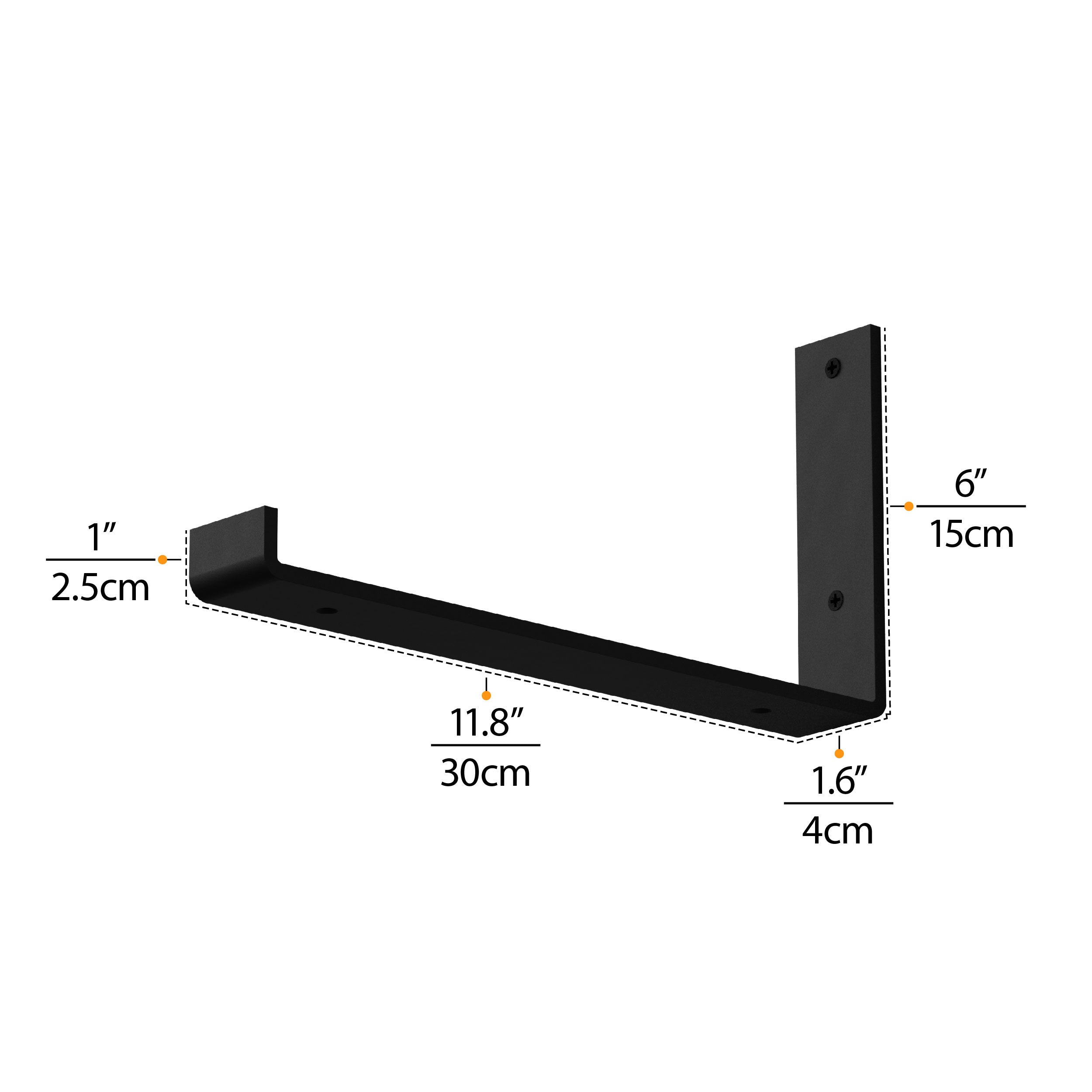 Dimensional diagram of a black rectangular floating shelf bracket with measurements.