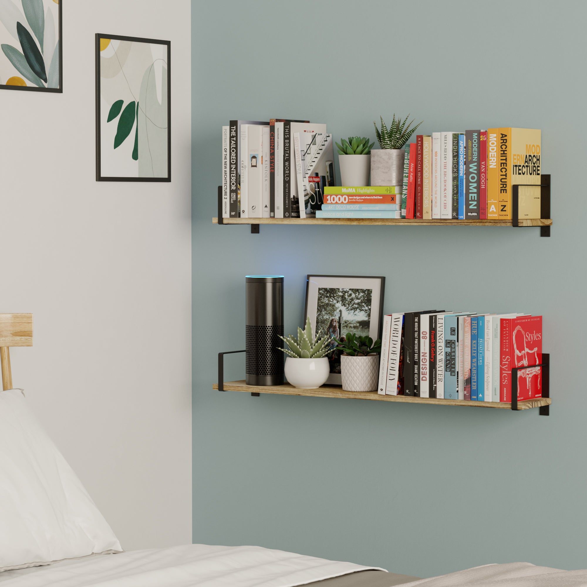 Two-tier bedroom shelves with black brackets hold books, plants, and a smart speaker, blending function and style for bedside or study corner organization.