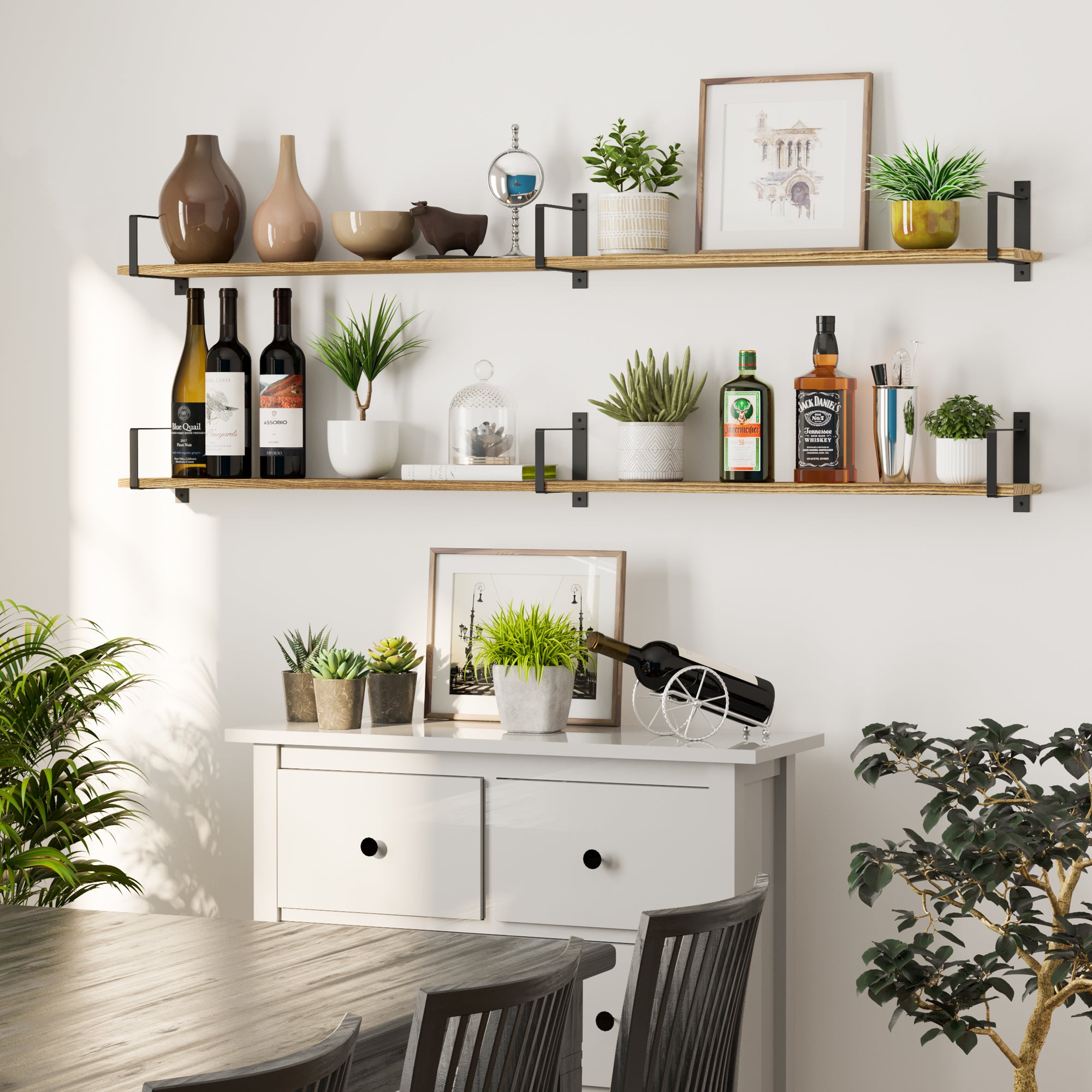 Two floating shelves display a stylish bar setup with wine, whiskey, plants, and decorative vases. The wood shelves and black brackets add a rustic charm to the bright, elegant dining space.