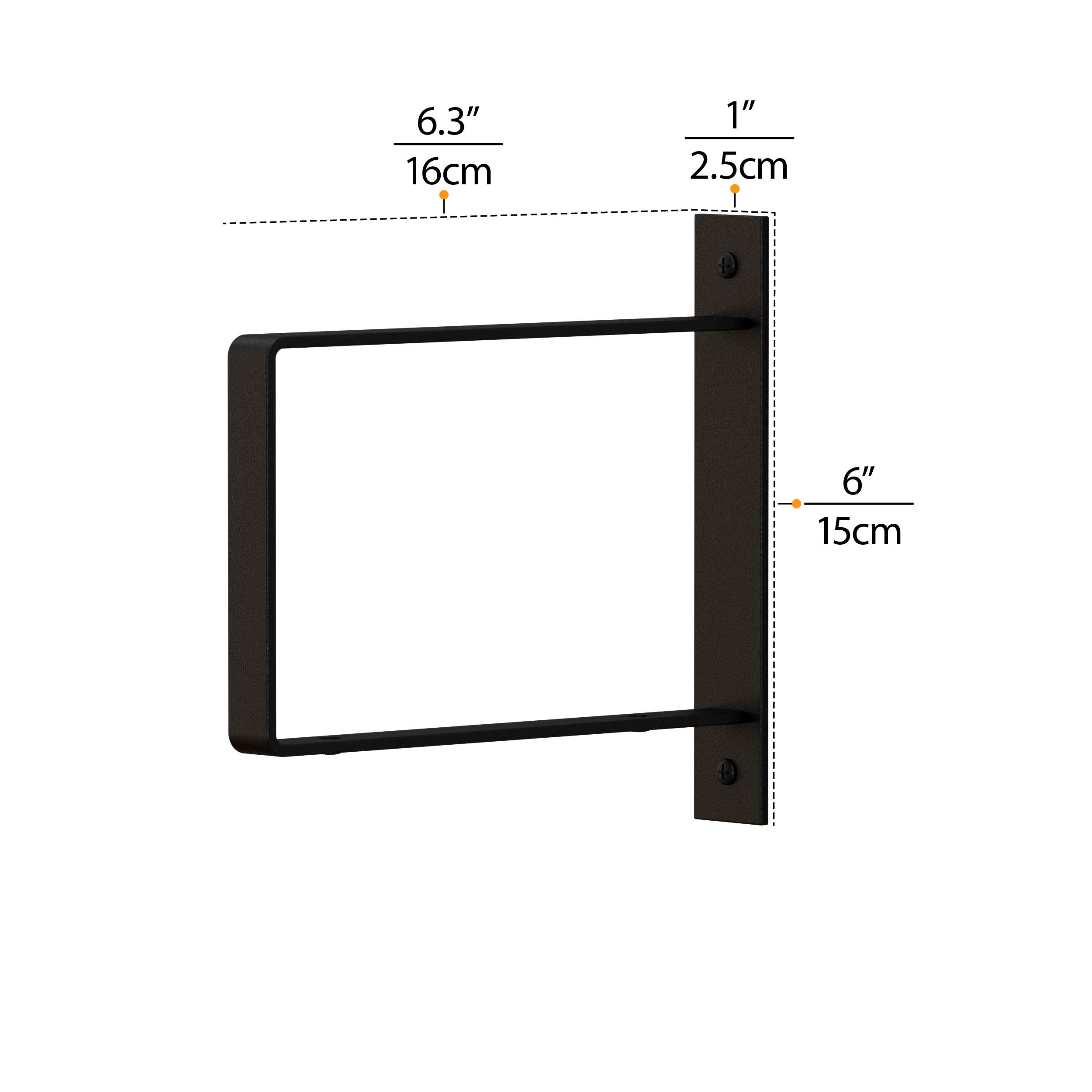 Dimensional diagram of a black rectangular shelf bracket with measurements.