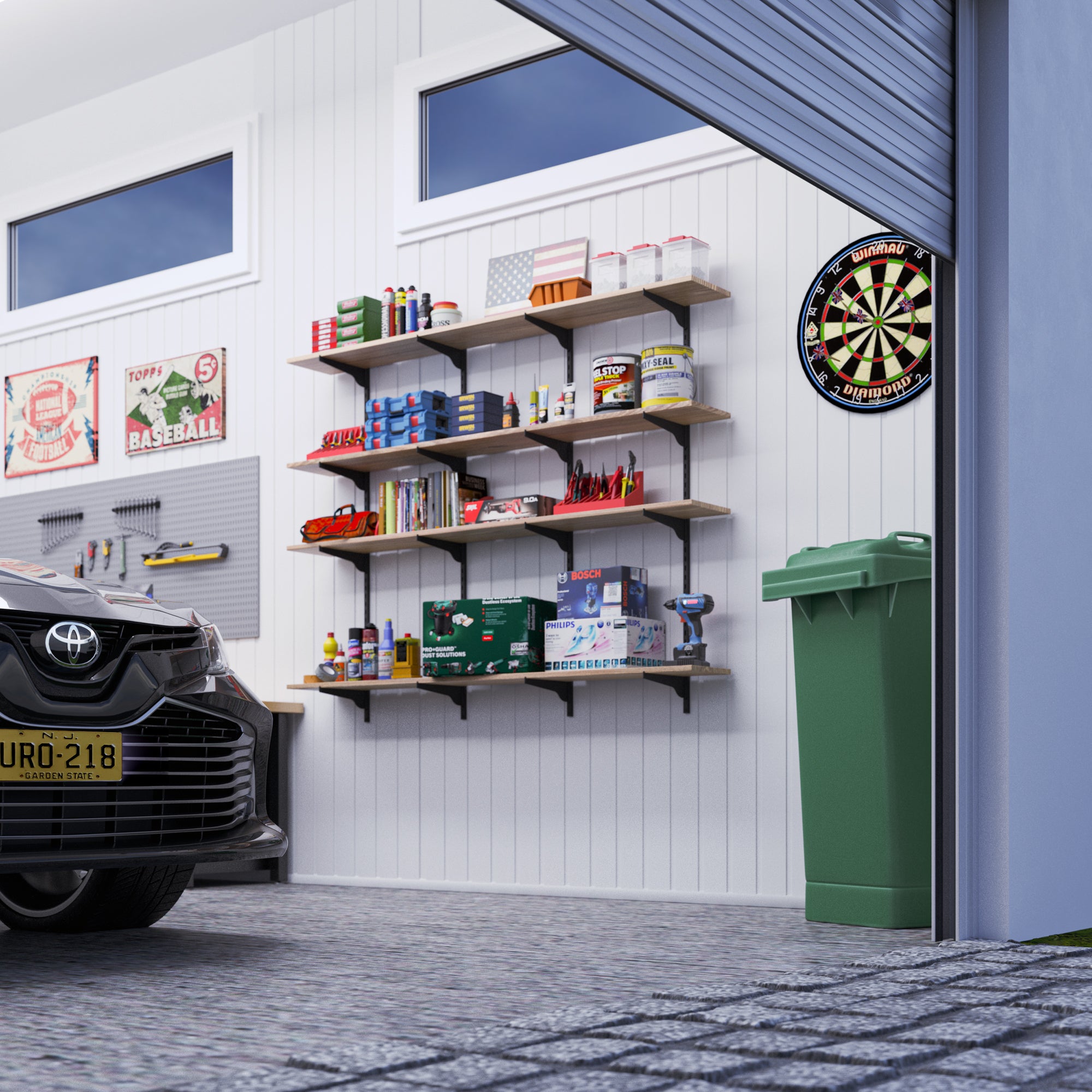 Shelves for garage store loaded with tools, automotive supplies, and storage bins, showing a highly organized and functional space for hobbies and work.