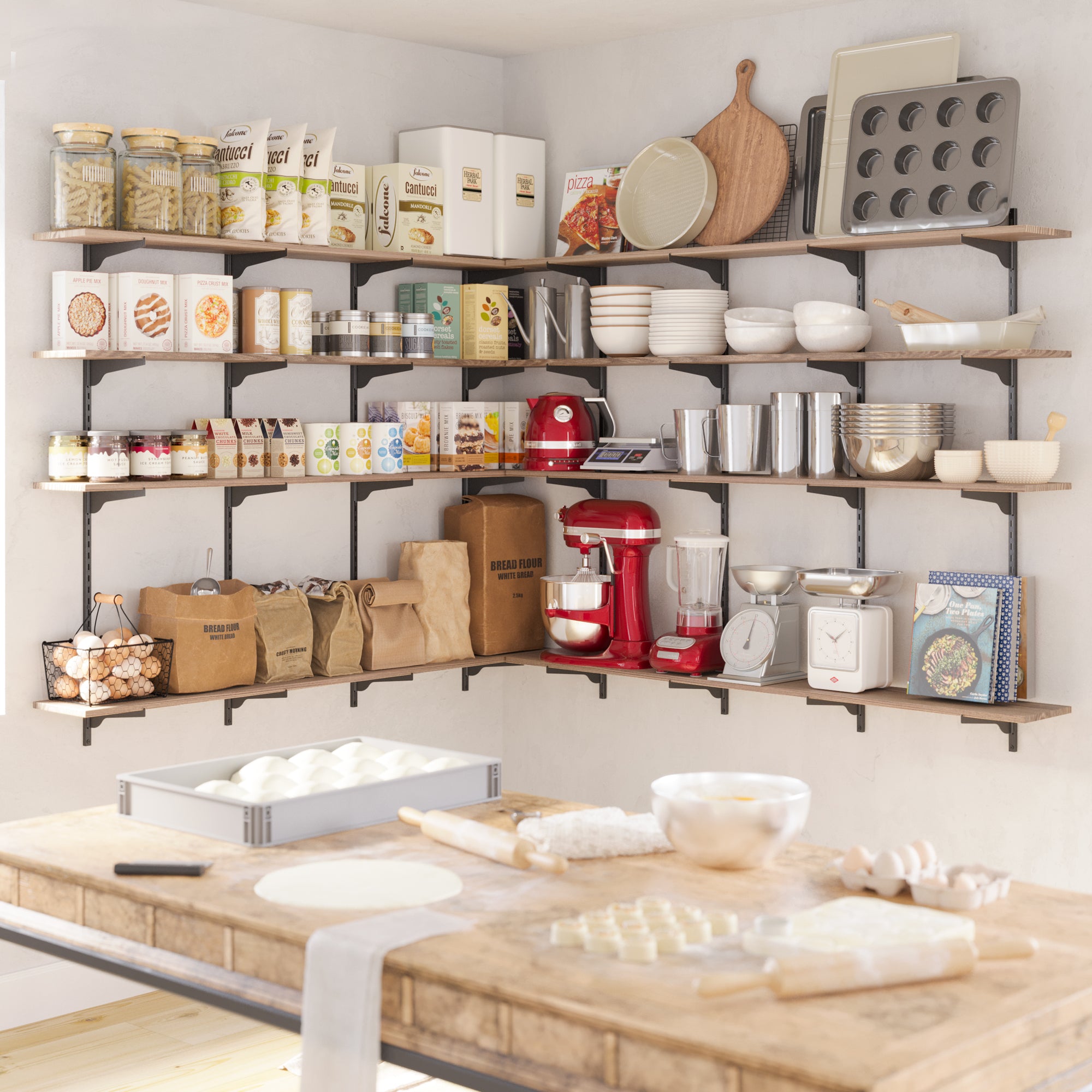 A baking station with organizer shelves burnt stocked with baking ingredients, utensils, and equipment, showcasing a functional and inviting kitchen workspace.