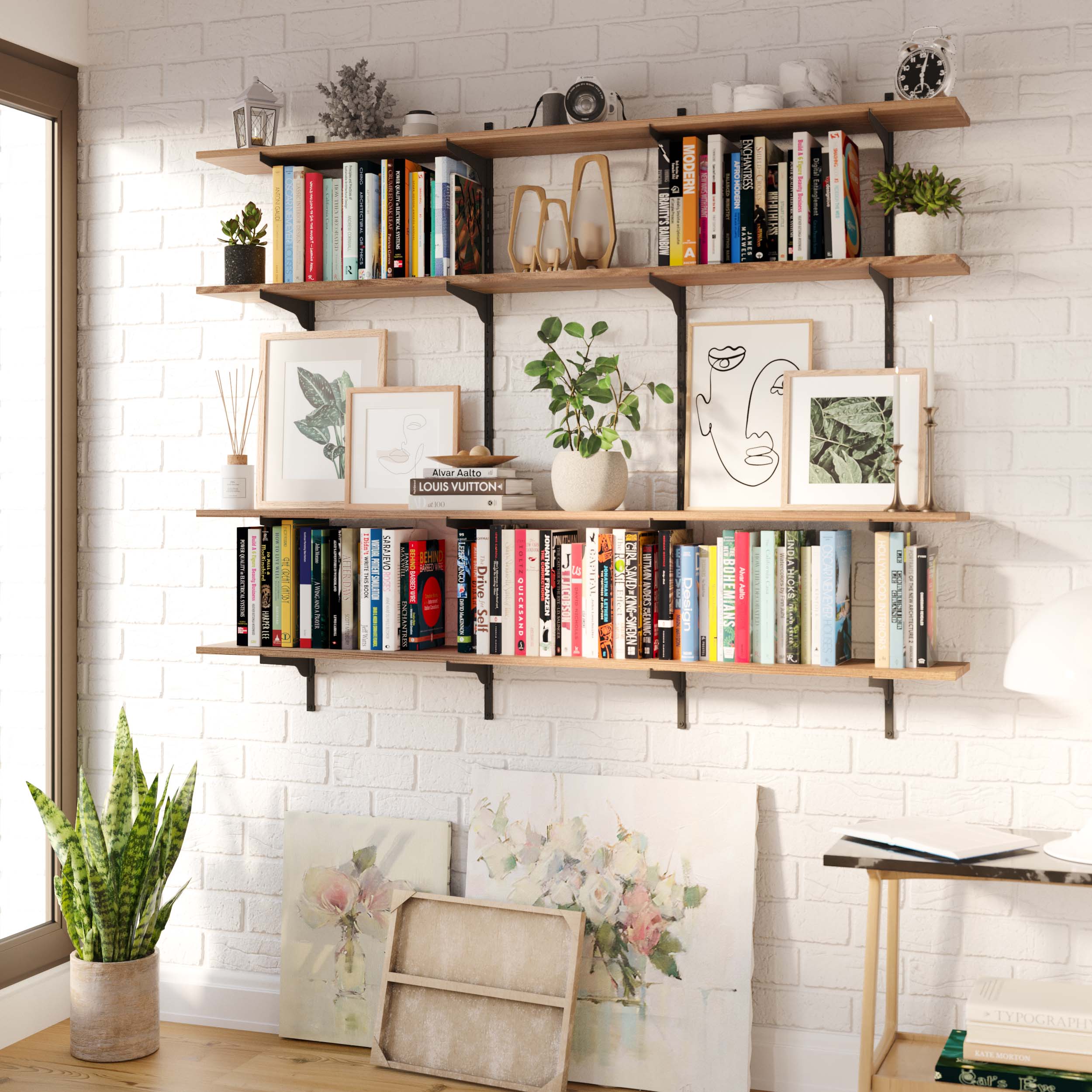 A living room bookshelf filled with books, decorative items, and plants, providing a cozy and personal atmosphere ideal for reading and relaxation.