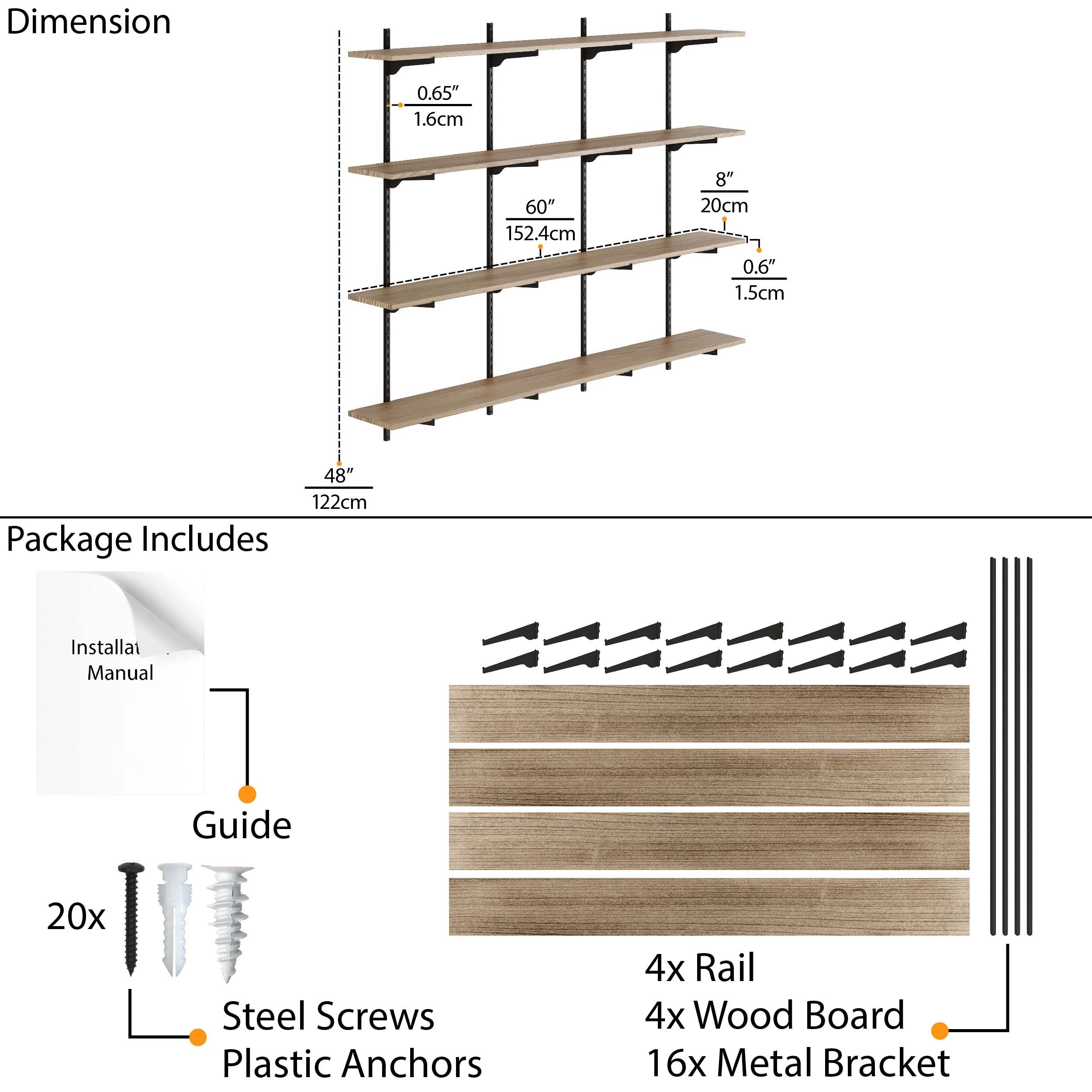 Technical schematic of a 60'' wall storage shelf burnt, showing dimensions, components included in the package such as screws and brackets, useful for installation guidance.