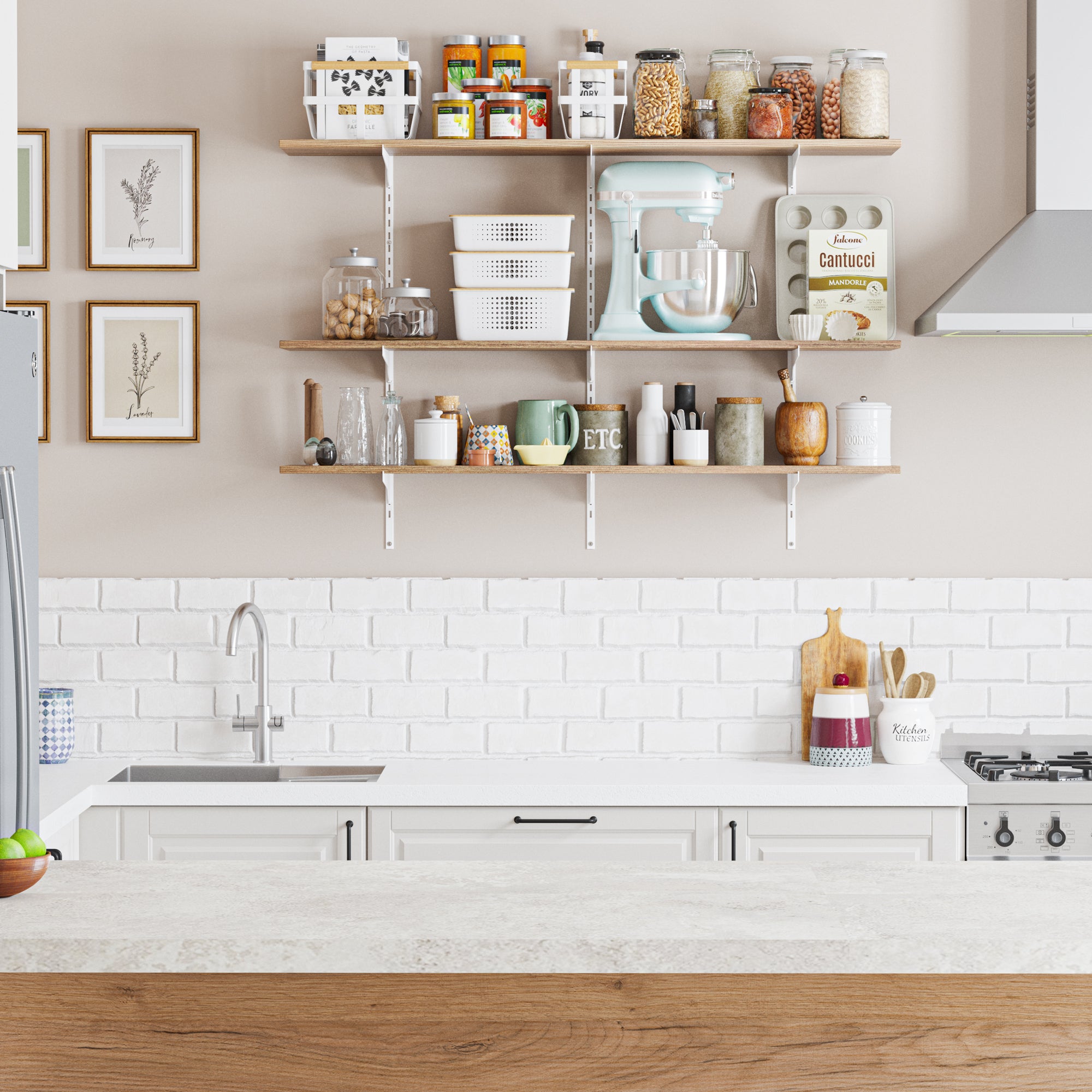 Modern kitchen with kitchen storage shelves with white adjustable brackets, sink, and countertop