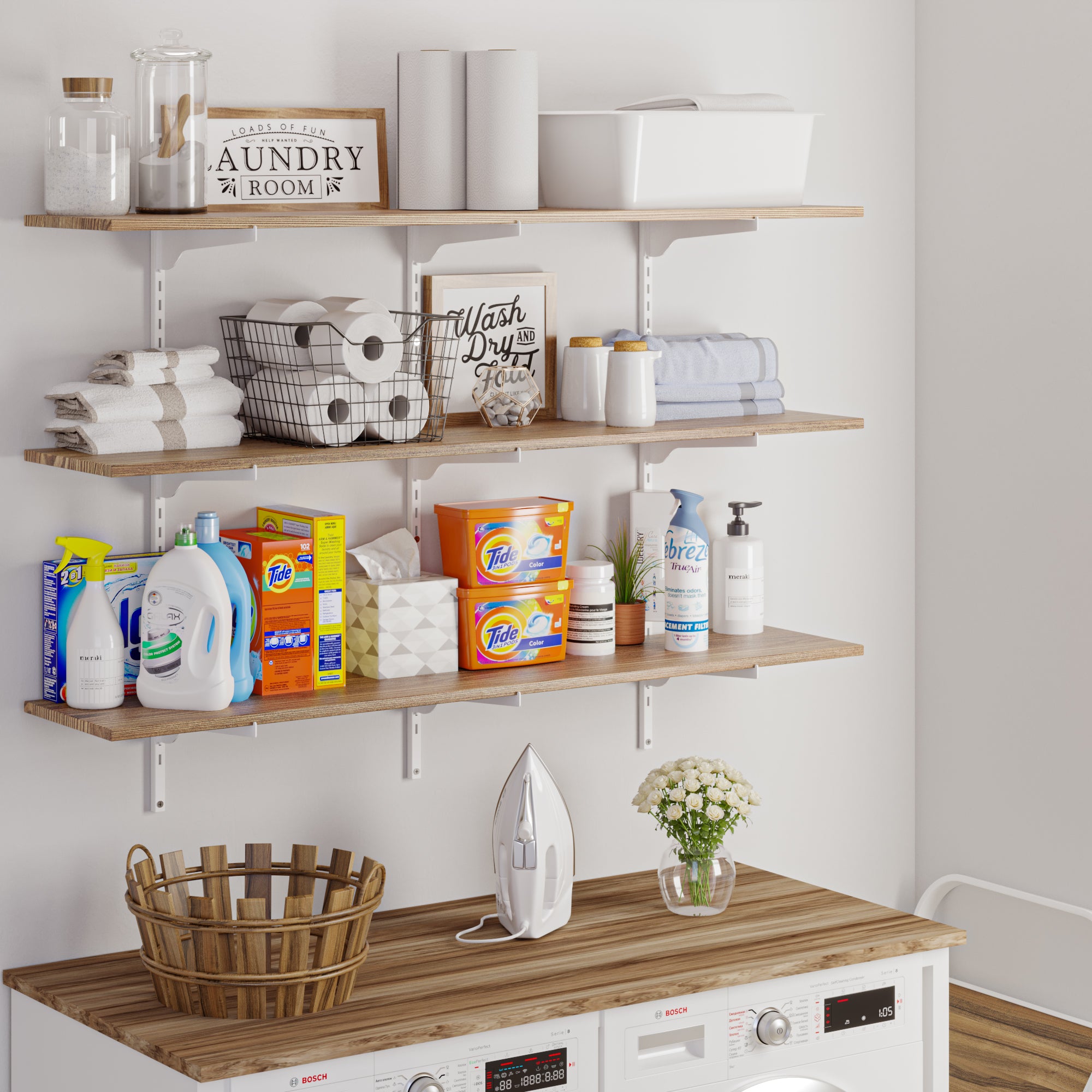 Laundry room with adjustable shelves with white metal heavy duty brackets stocked with cleaning supplies and a wooden counter.