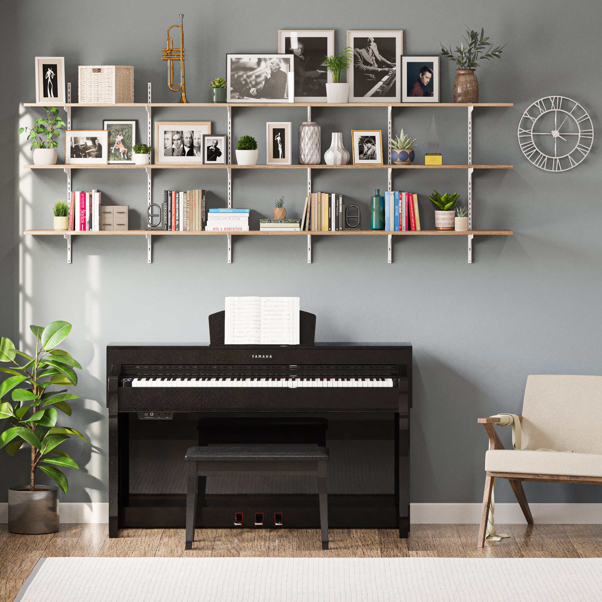 Piano in a room with 48" long farmhouse shelves, books, and decorative items against a gray wall.