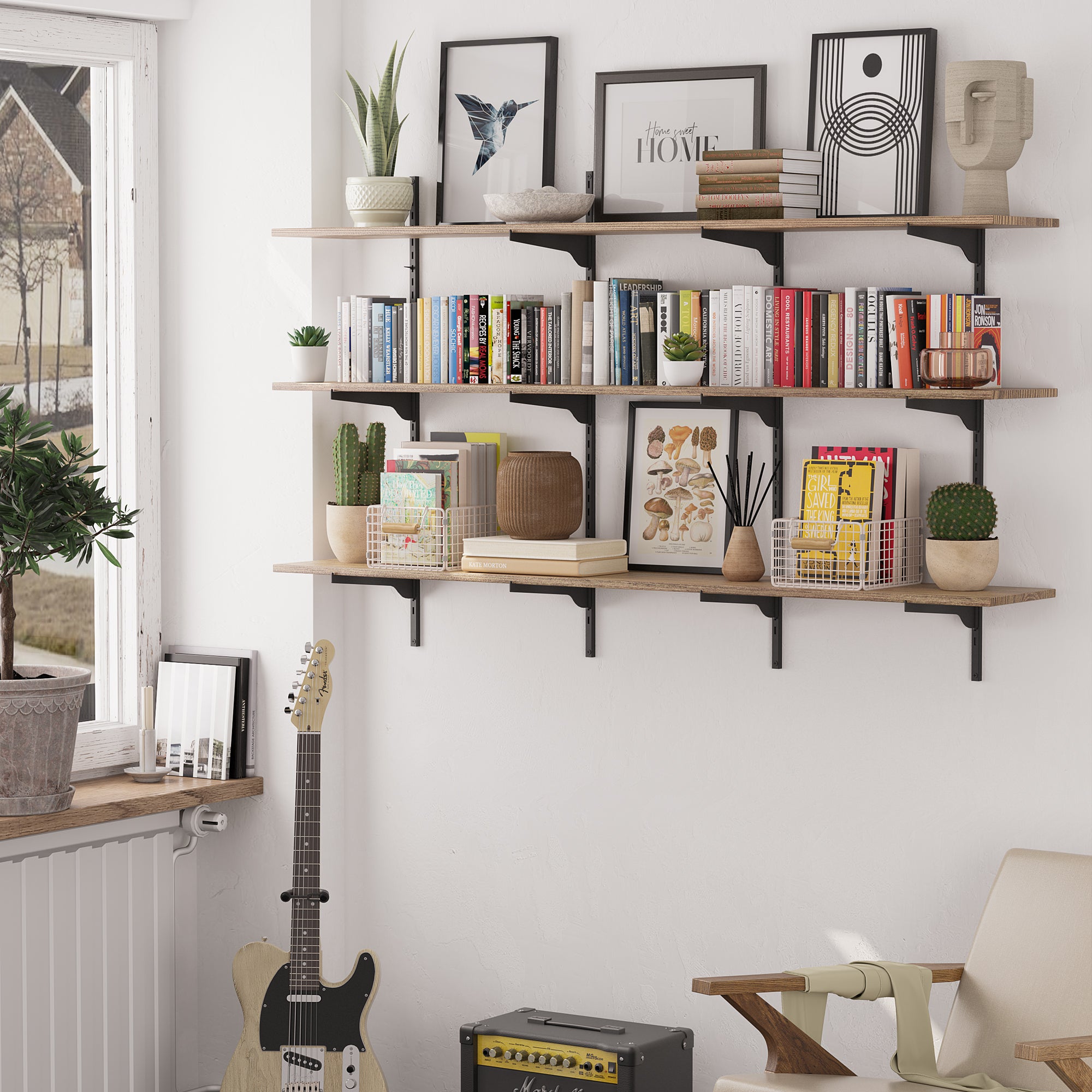 A cozy living space with wooden wall shelves, various plants, framed artwork, books, and decorative objects, with a guitar and amplifier below, inviting relaxation and creativity.