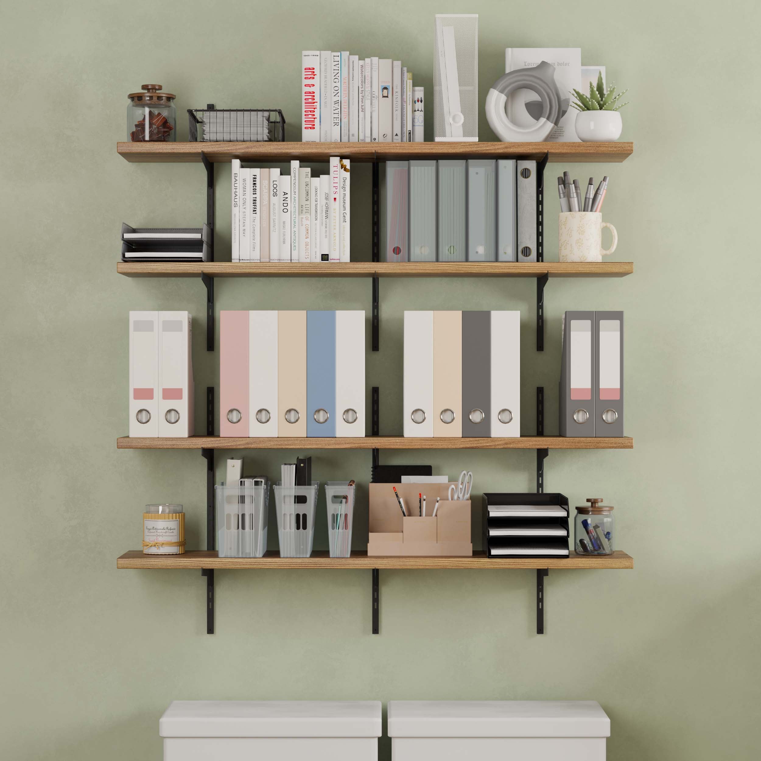 An office setup with 48 inch floating shelf organized with files, books, stationary, and decorative items.