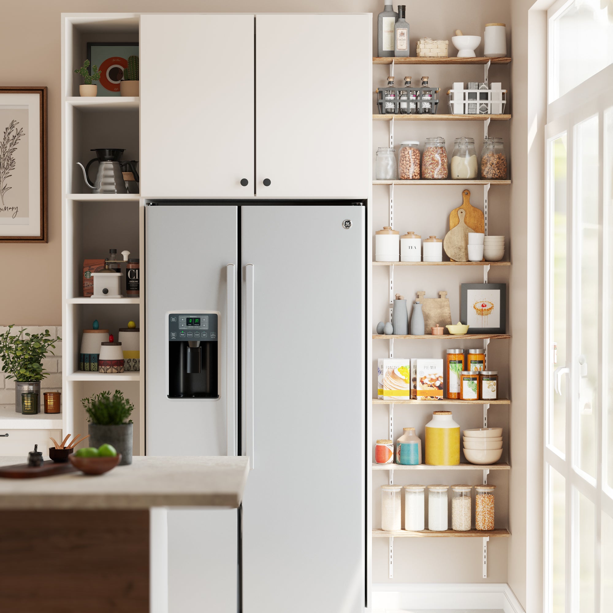 A kitchen corner with floating shelves kitchen full of food items and kitchenware.