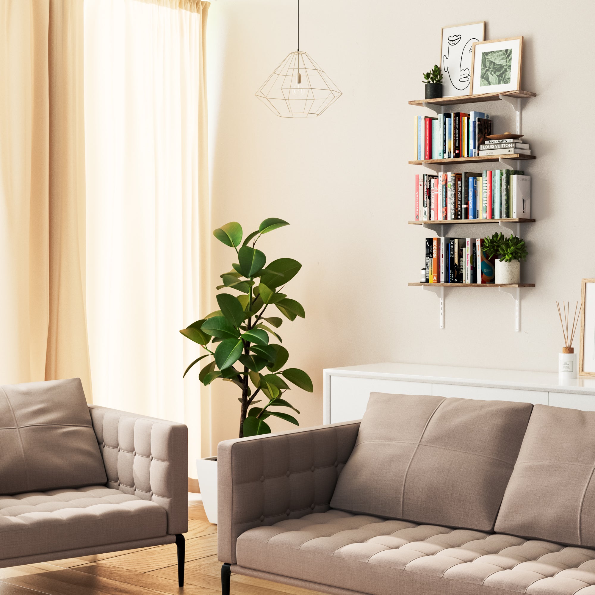 A living room corner with wall shelves filled with books and a clock.