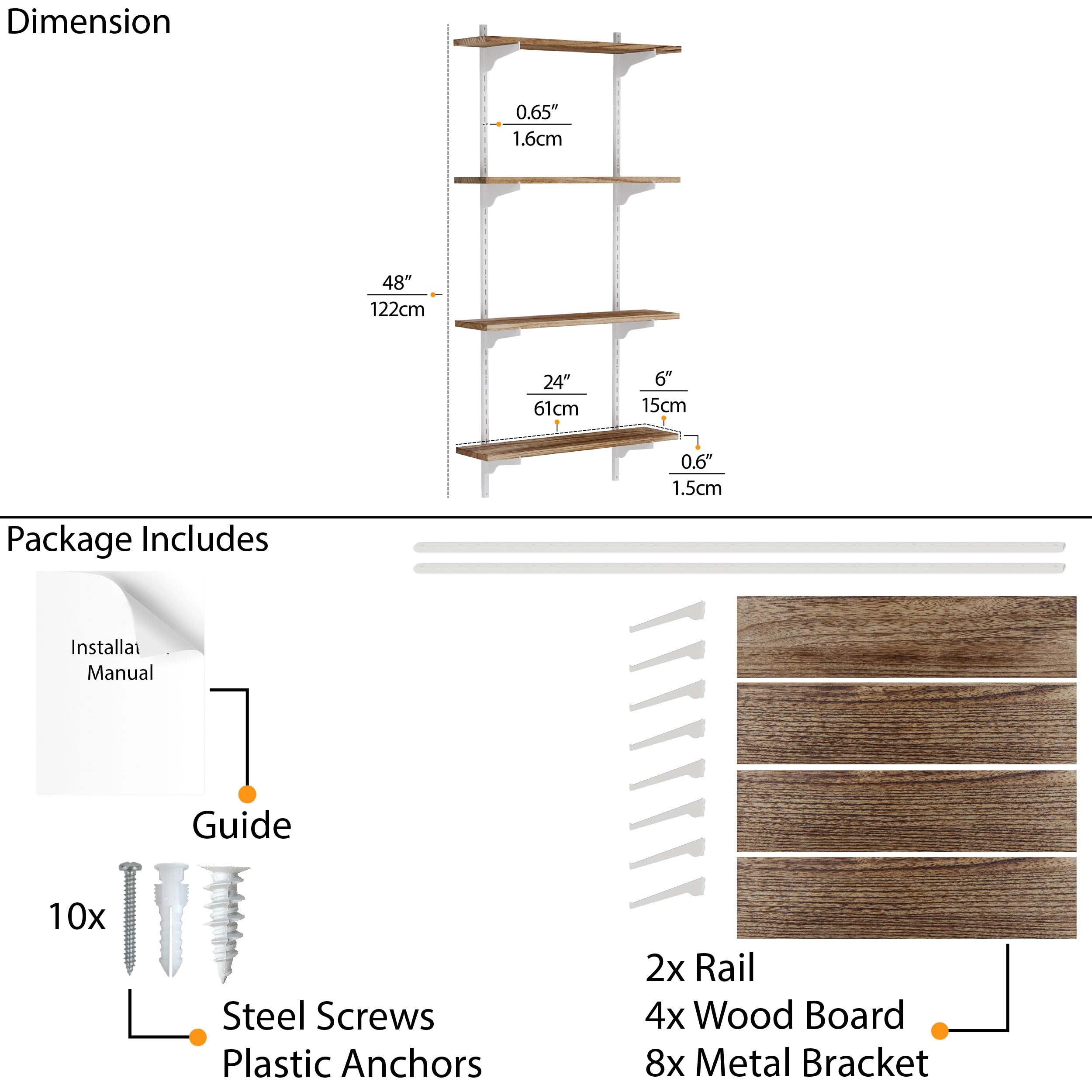 A diagram showing 24'' floating wall shelves burnt dimensions and contents for shelf installation.