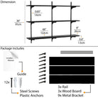 48'' black shelves with measurements, included accessories and assembly materials as screws and anchors.