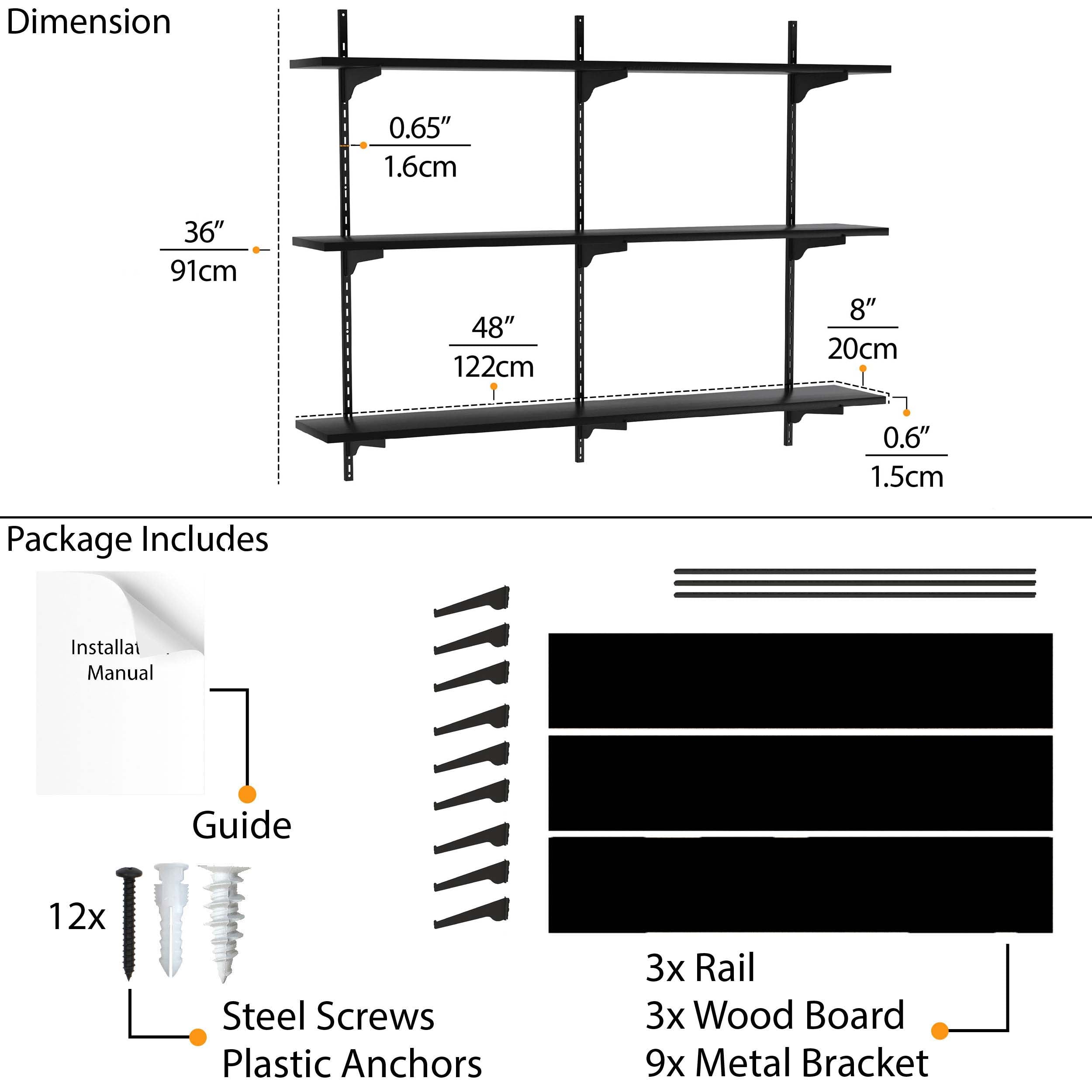 48'' black shelves with measurements, included accessories and assembly materials as screws and anchors.