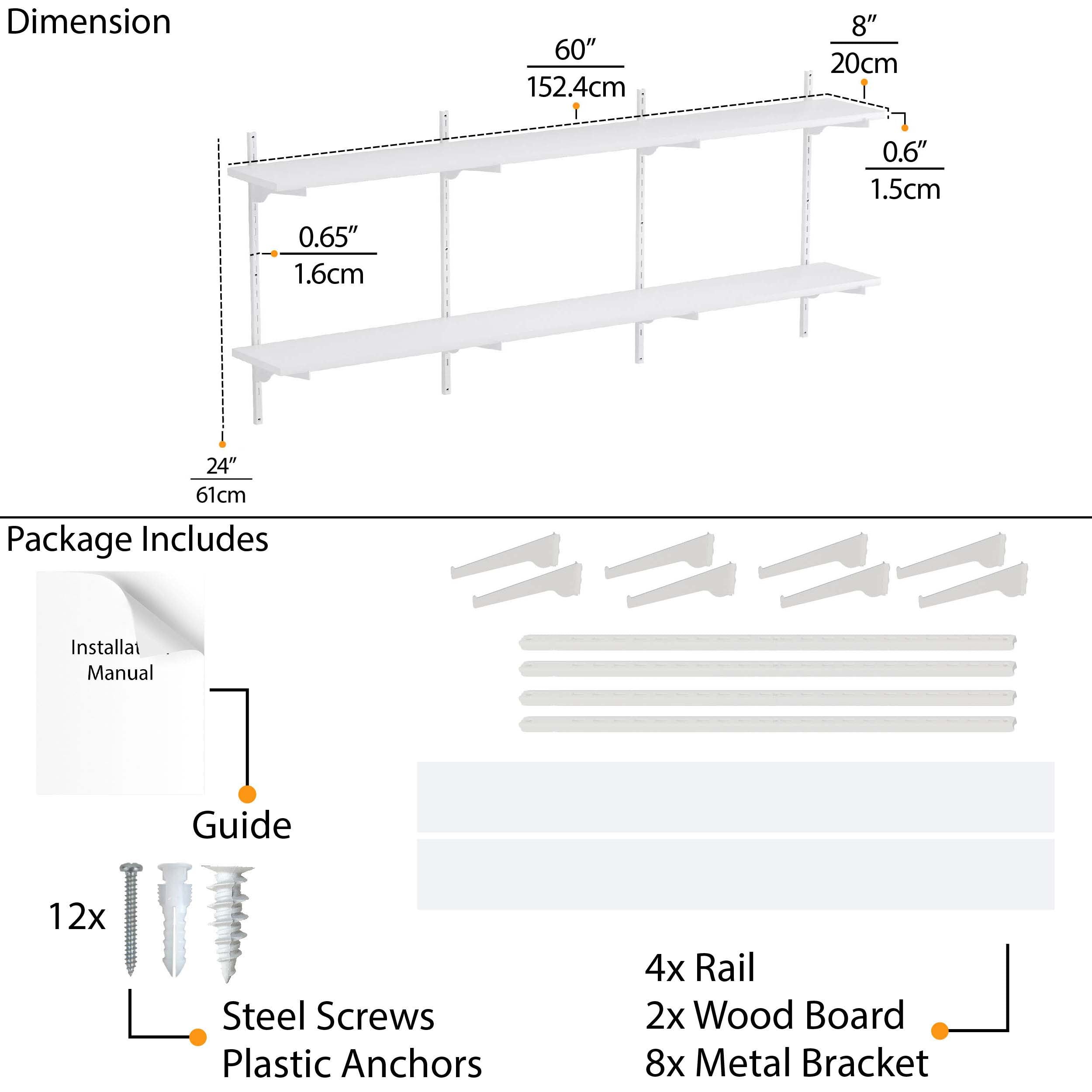 A diagram of 60'' white adjustable shelf dimensions, showing length, depth, and bracket size and contents.