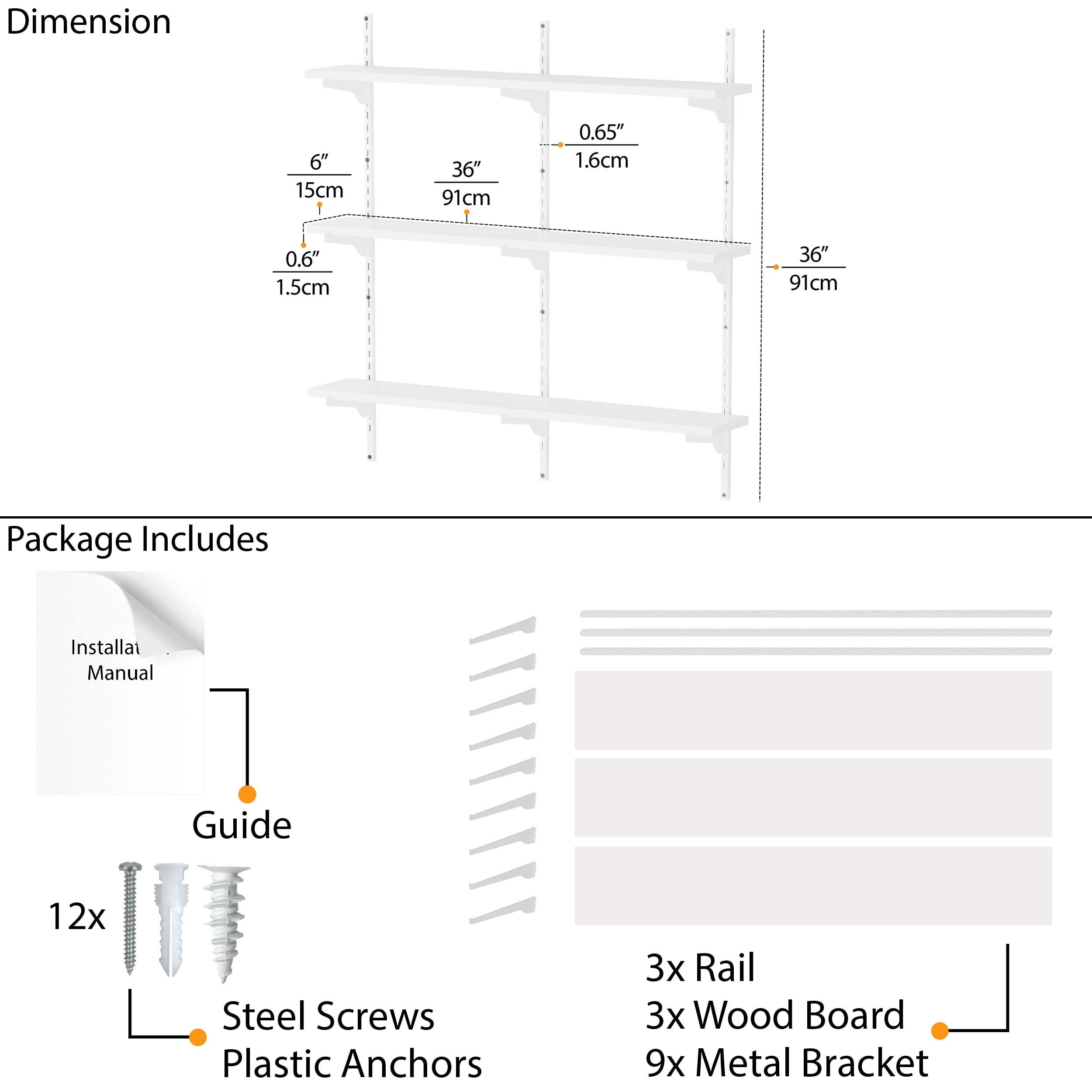 A detailed diagram of 36'' white shelf for wall, showing dimensions and package contents.
