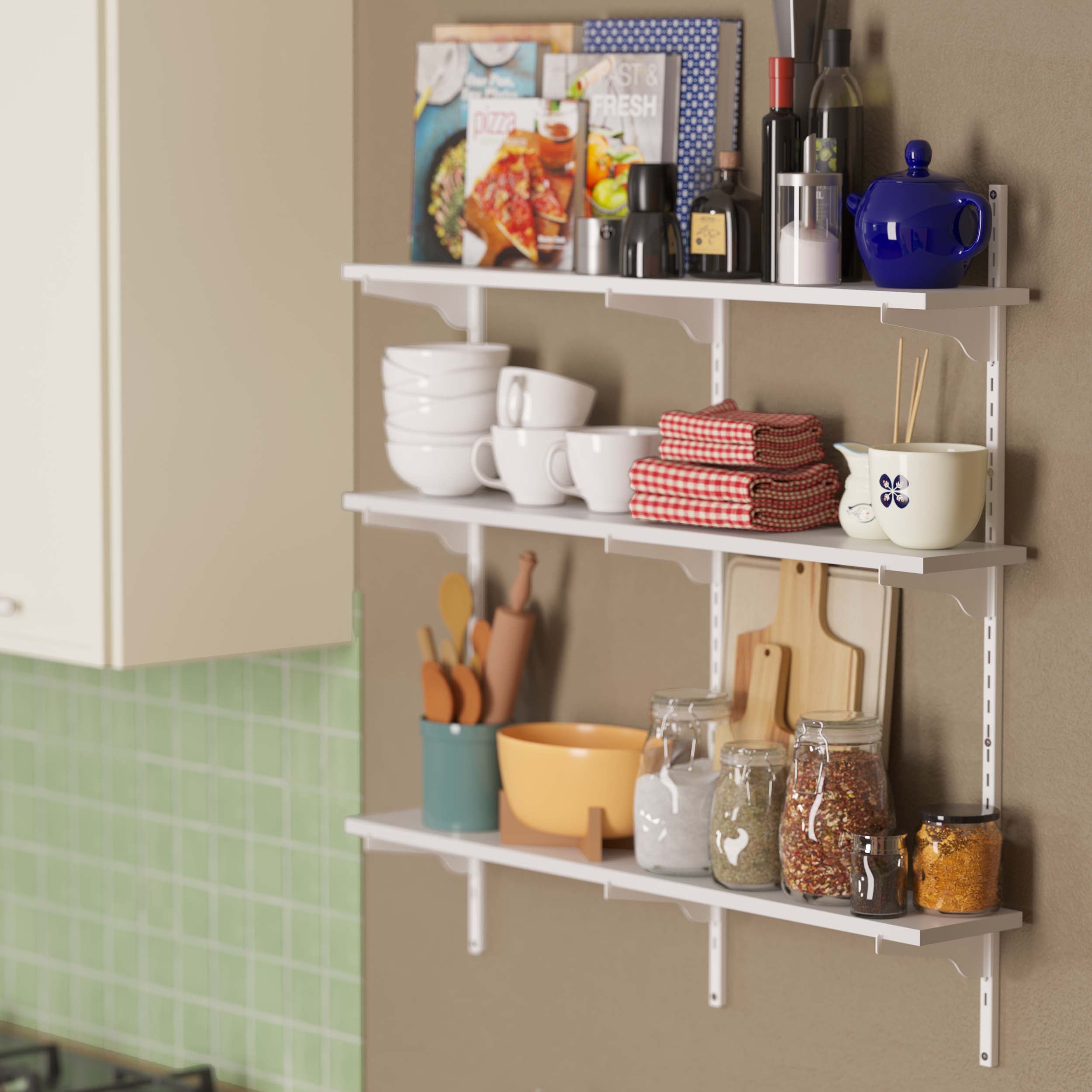 Kitchen shelf decor holding cookware, spices, and various kitchen utensils.