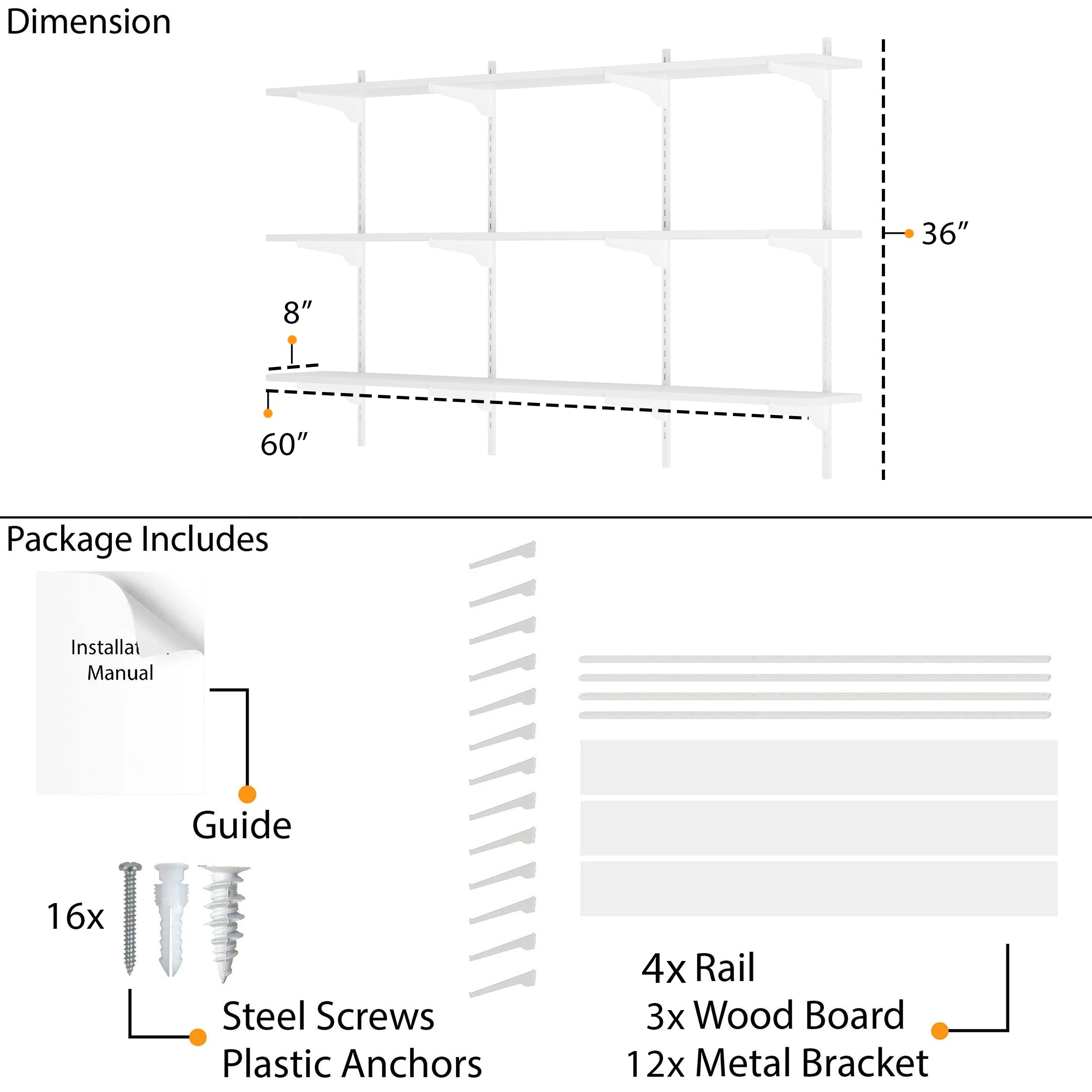 Dimensions (60" width x 36" height x 8" depth) and package contents, including 4 rails, 3 wood boards, 12 brackets, screws, anchors, and a manual.