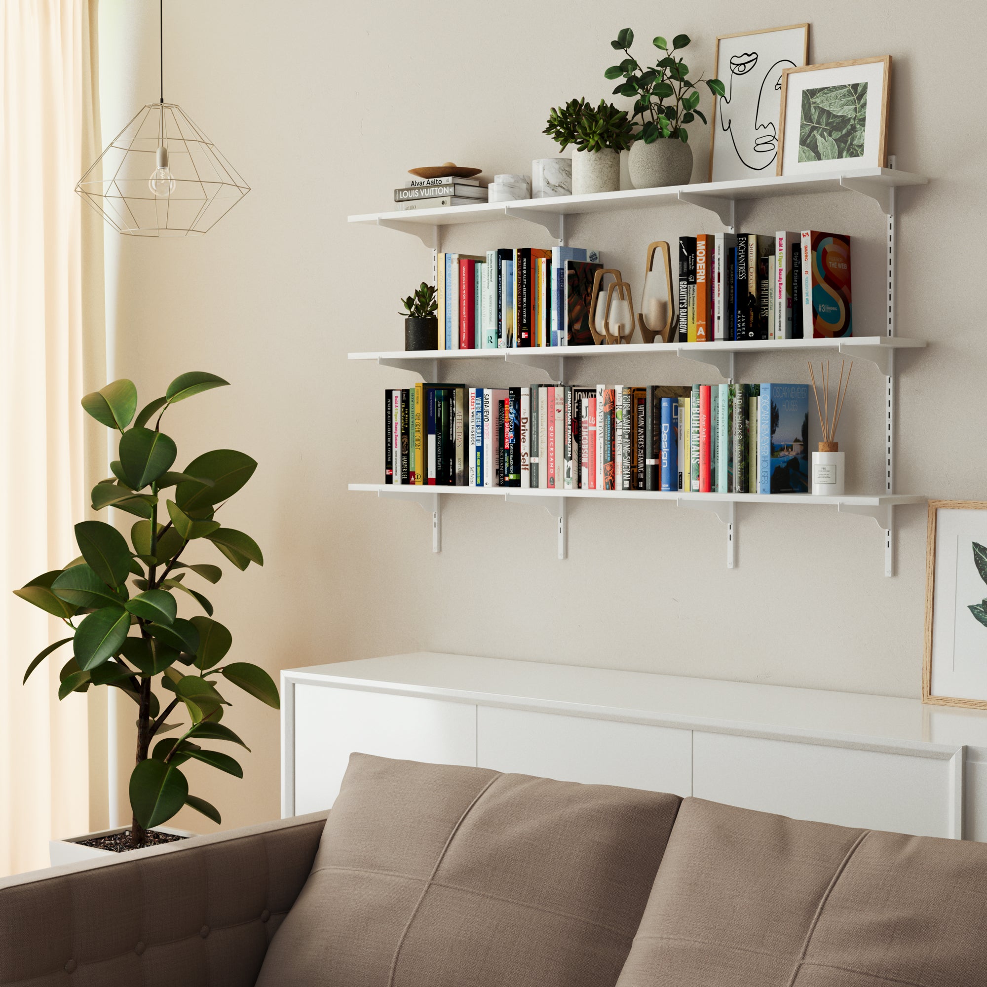 A book shelf unit in a cozy room, showing it styled with plants, books, and art to blend seamlessly with modern home decor.