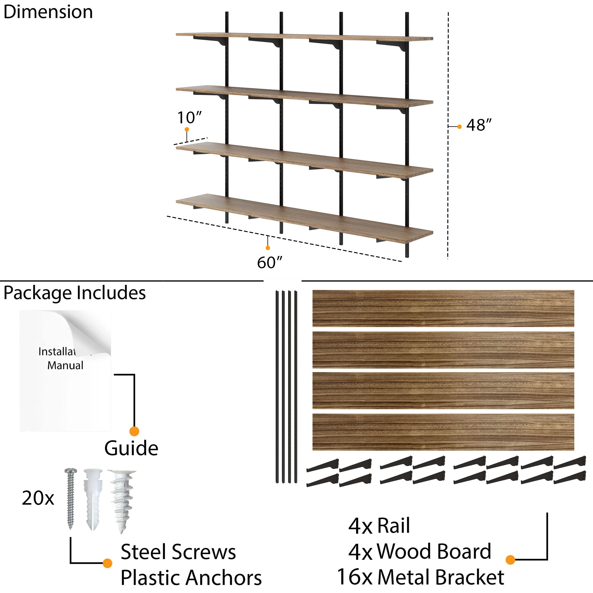 An adjustable shelving unit with 60"x10"x48"dimensions. The image includes all components: 4 rails, 4 wood boards, 16 brackets, screws, anchors, and installation guide.
