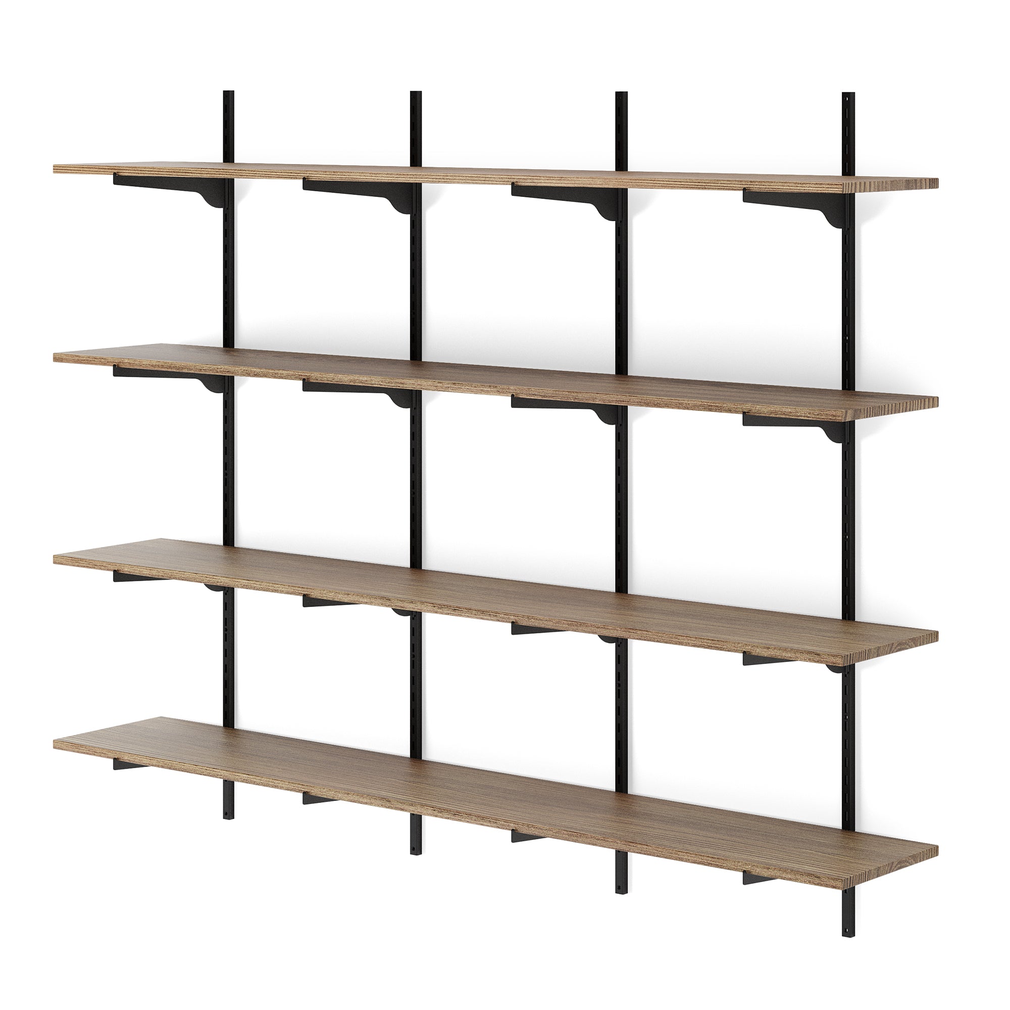 A 60 inch long shelving system without any items, showcasing its form, materials, and symmetrical build in full view.