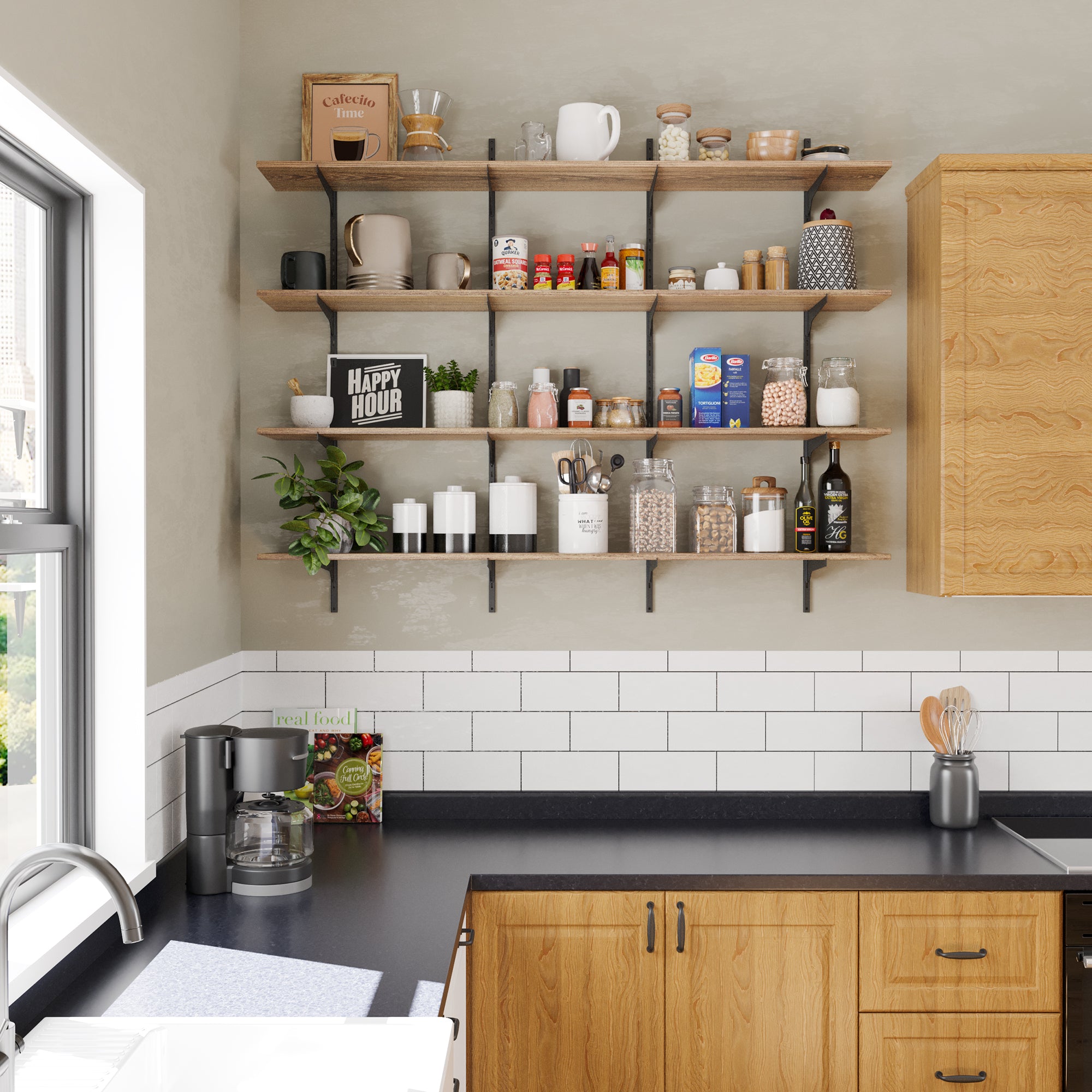 An adjustable kitchen shelving unit holds spices, jars, mugs, and decor, proving its versatility in both storage and style.