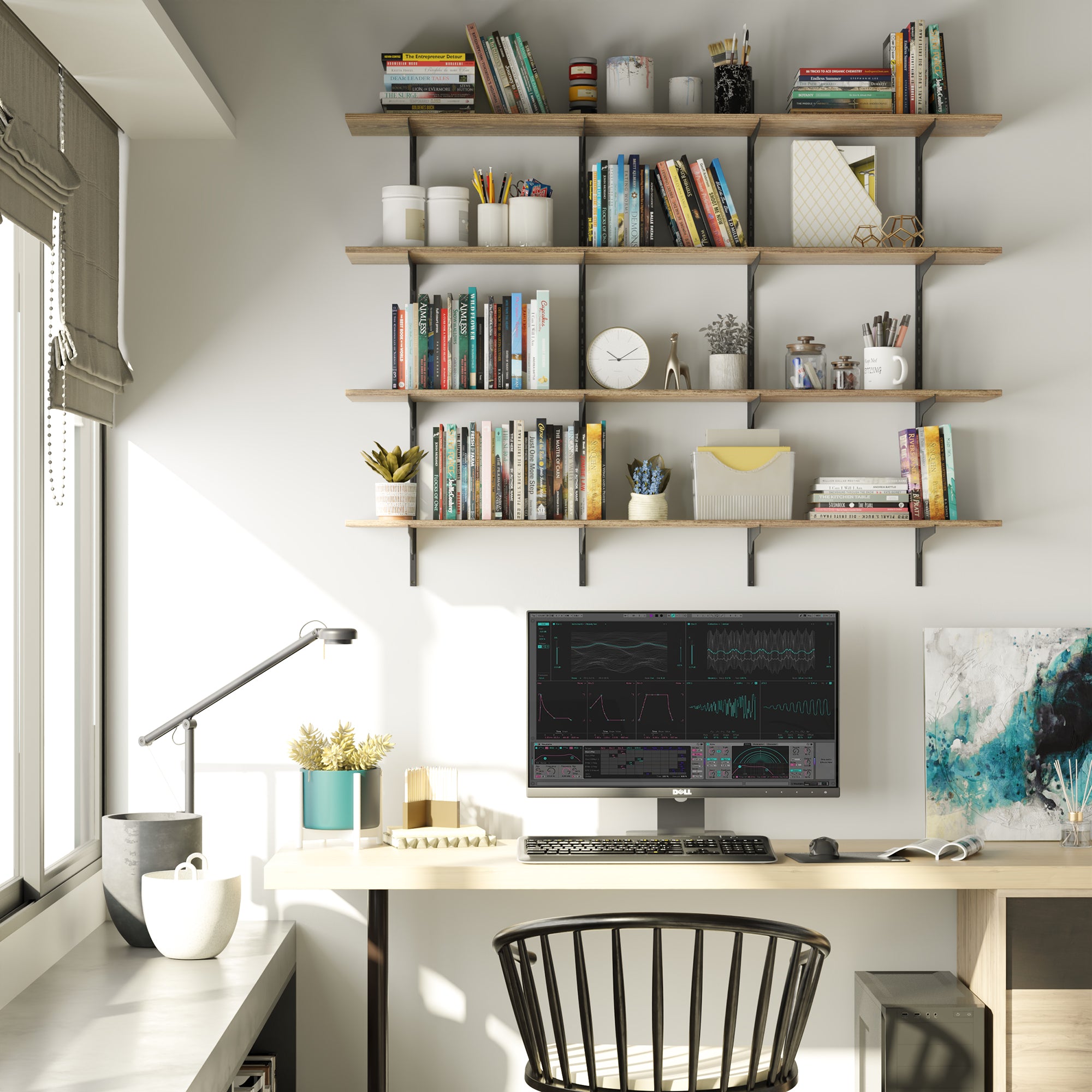 Positioned above a workspace, solid wood shelving system in a farmhouse burnt finish provides efficient vertical storage for books, office supplies, and personal items.