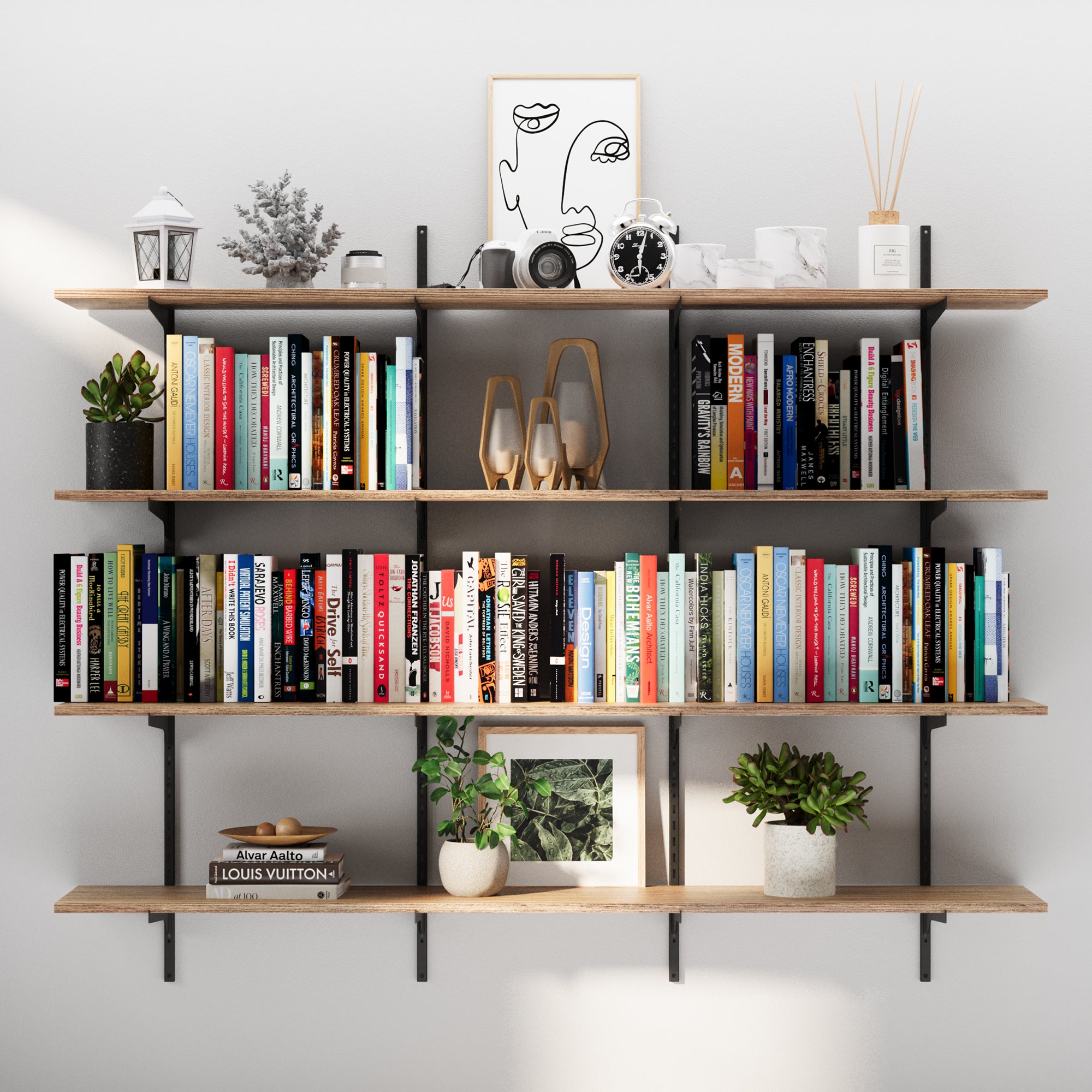 A modern 4-tier wall-mounted book shelf system with natural wood boards and sleek adjustable black brackets, showcasing books, decor, and plants in a bright living room.