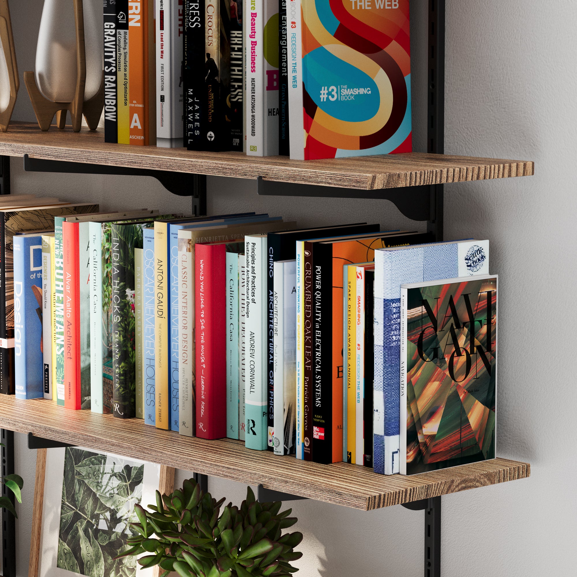 The shelf adjustable shelf edge, displaying wood texture and bracket connection while emphasizing book arrangement and stability.