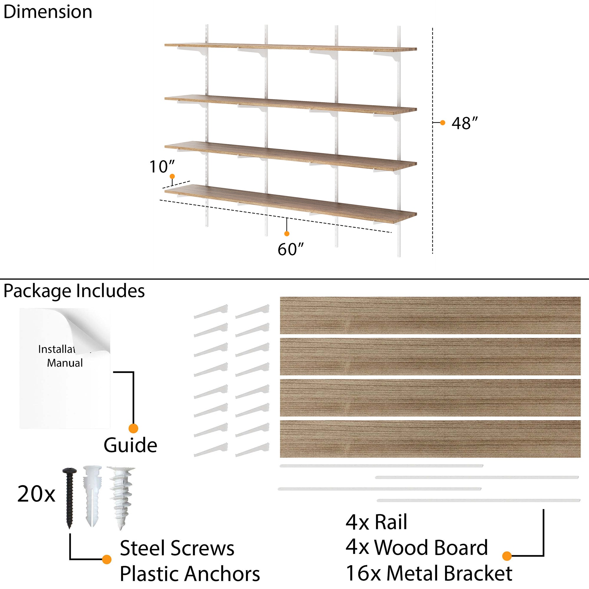 Dimension chart of the Wallniture floating shelf for wall with adjustable brackets (60"W x 48"H x 10"D) and package content visual with boards, rails, brackets, screws, and manual—reinforcing ease of setup and all-inclusive hardware.